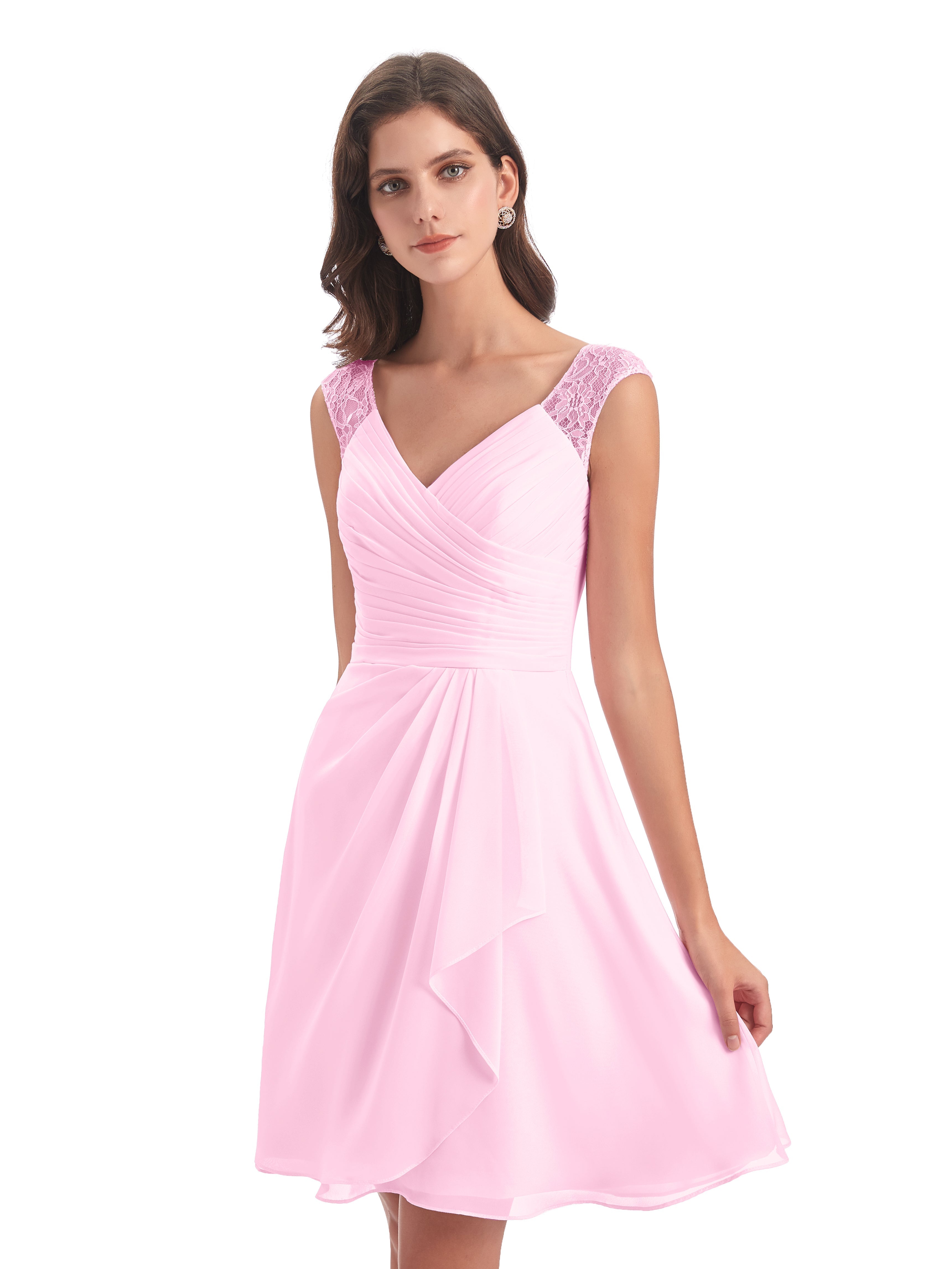 Robes De Demoiselle D'Honneur Rose Bonbon Courte Dentelle/Mousseline Robes Demoiselle D'Honneur Avec Plissé
