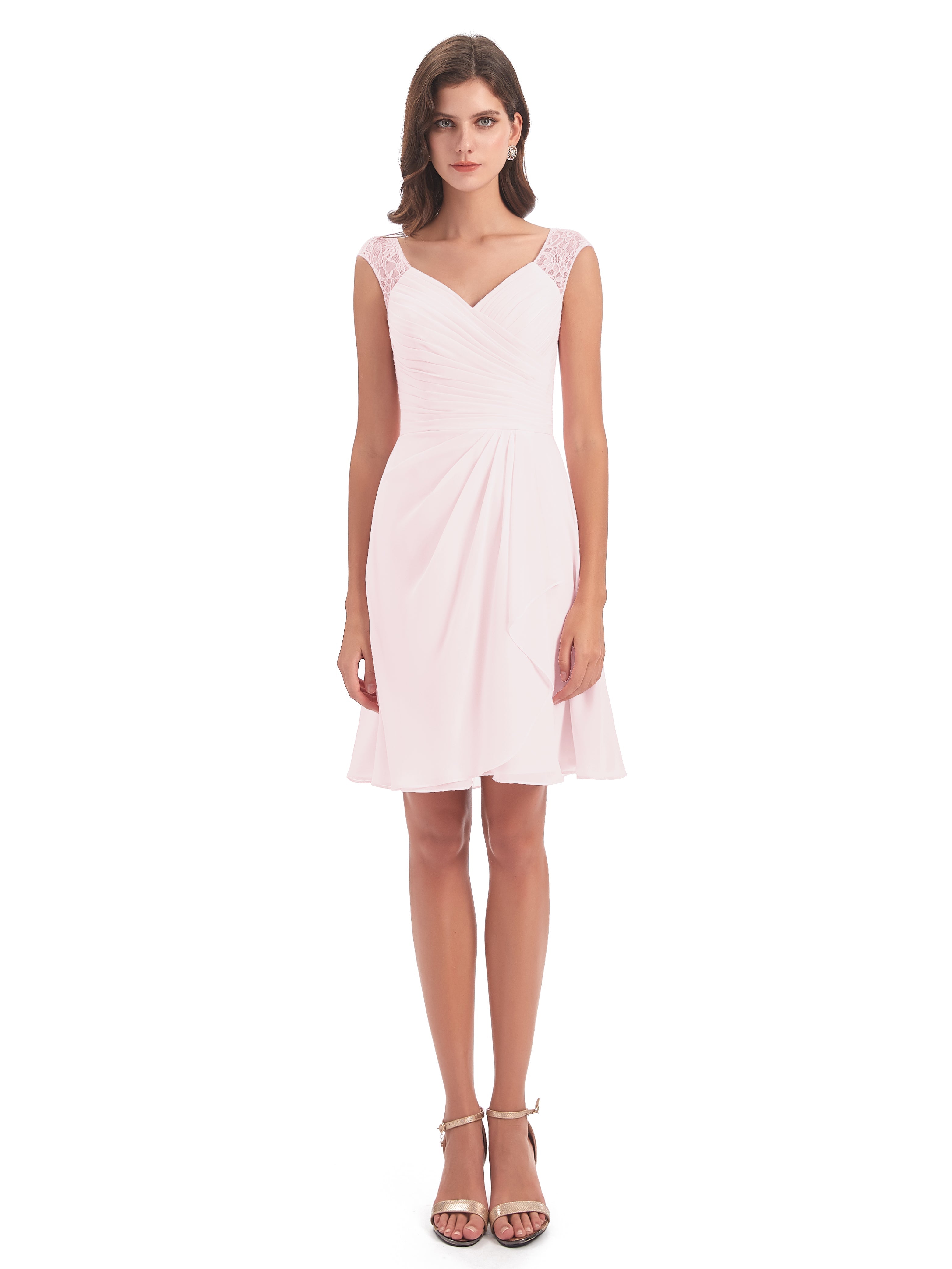 Demoiselle D Honneur Rose Pale Courte Dentelle/Mousseline Robes Demoiselle D'Honneur Avec Plissé