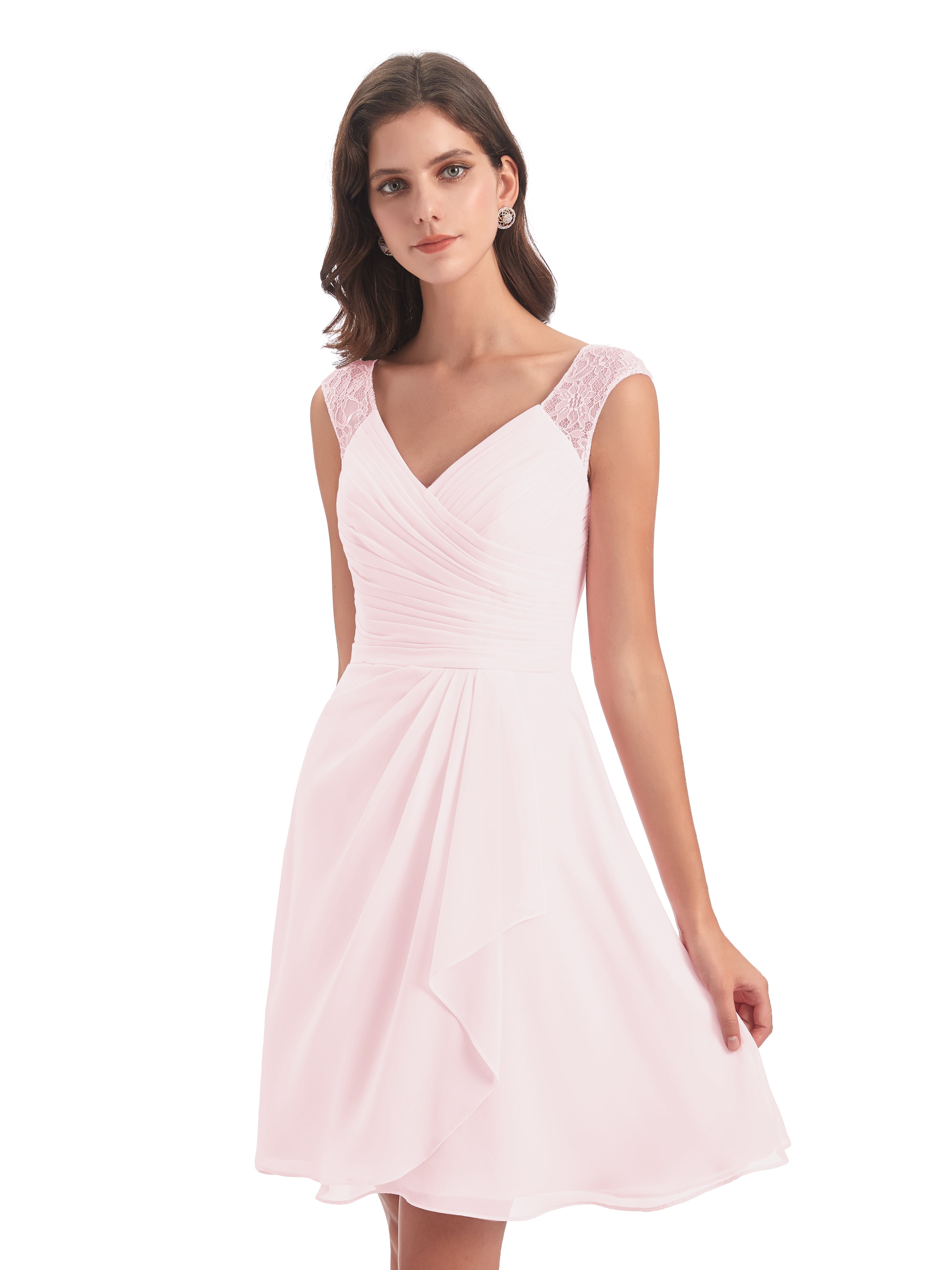 Demoiselle D Honneur Rose Pale Courte Dentelle/Mousseline Robes Demoiselle D'Honneur Avec Plissé