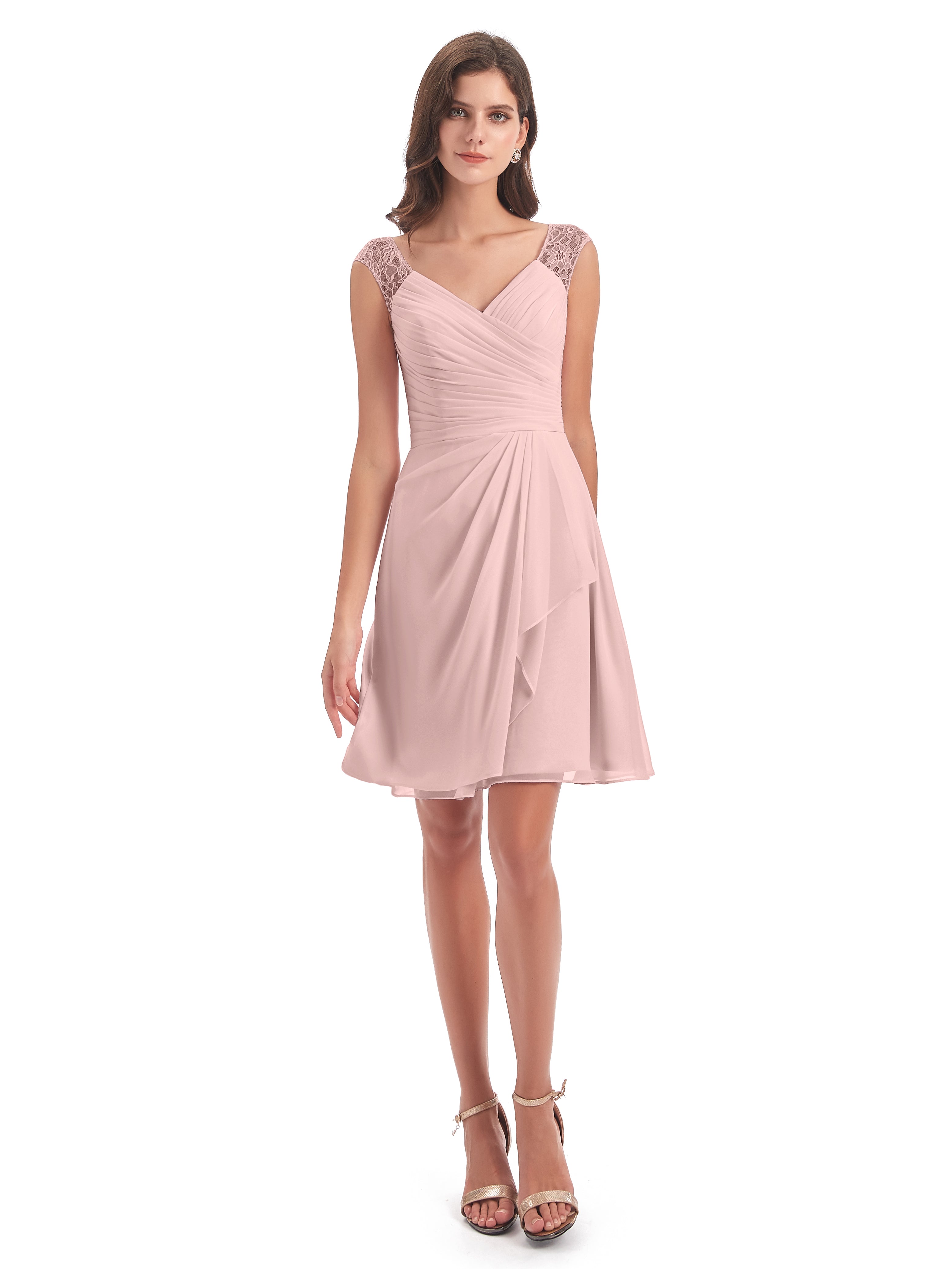 Robe Demoiselle D Honneur Rose Poudré Courte Dentelle/Mousseline Robes Demoiselle D'Honneur Avec Plissé