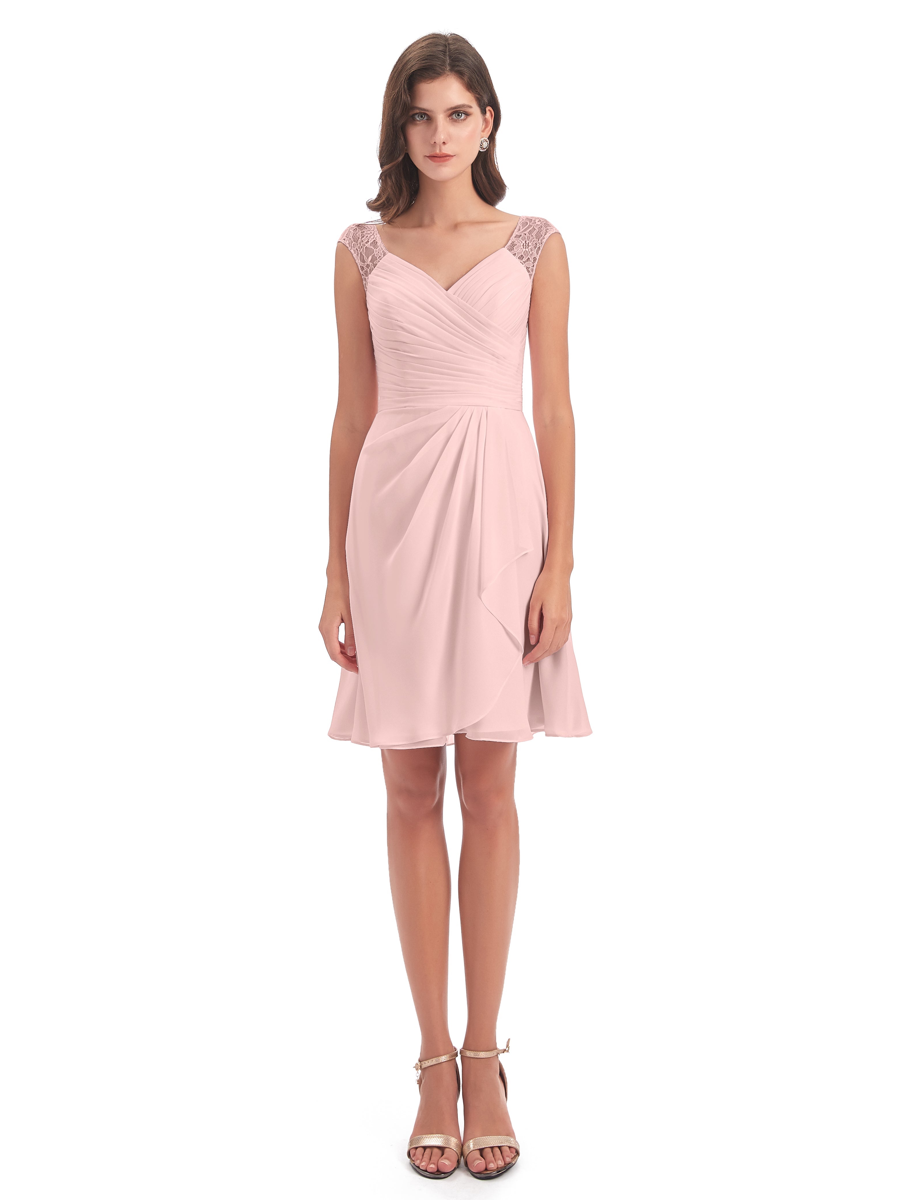 Robe Demoiselle D Honneur Rose Poudré Courte Dentelle/Mousseline Robes Demoiselle D'Honneur Avec Plissé