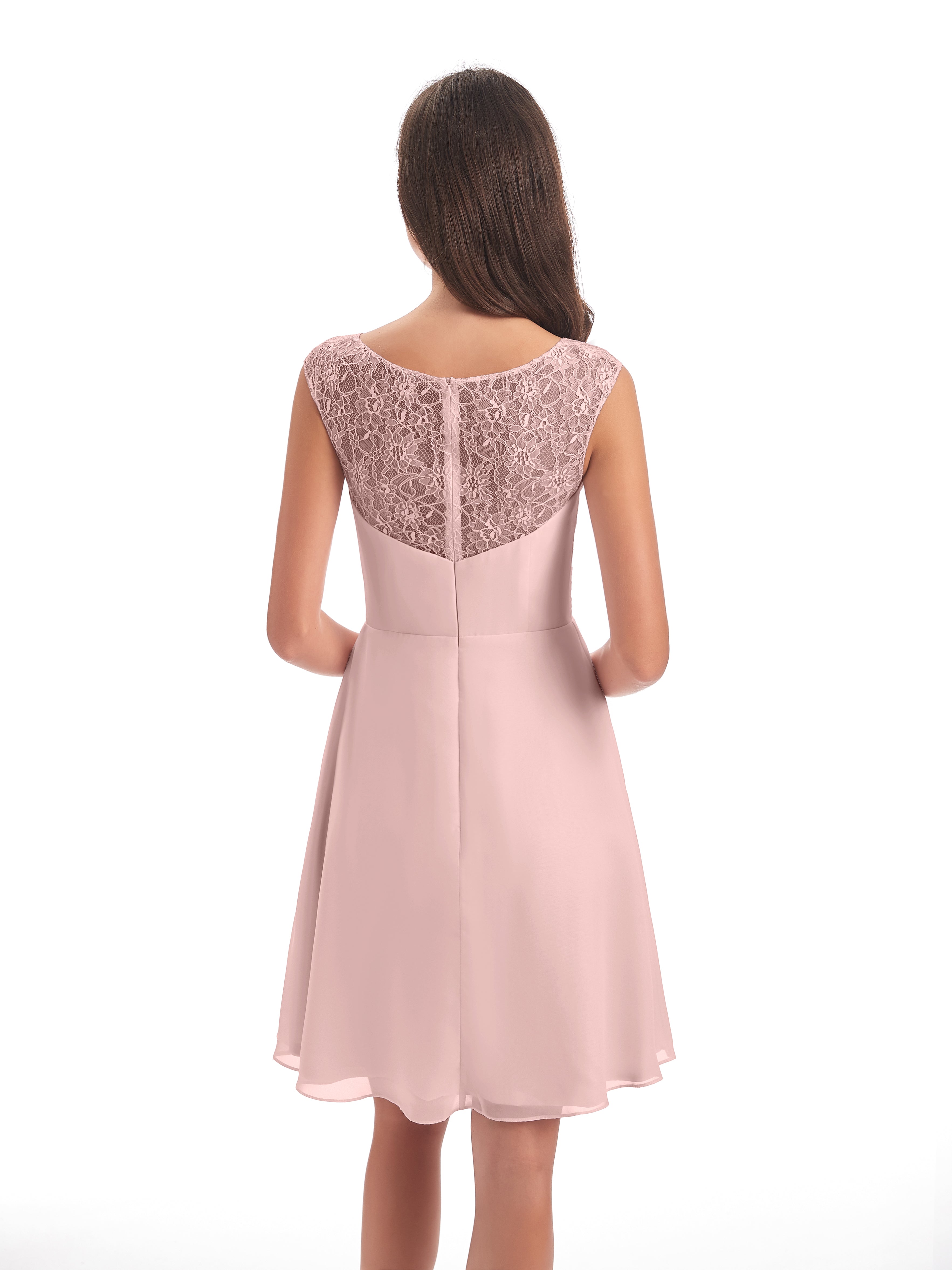 Robe Demoiselle D Honneur Rose Poudré Courte Dentelle/Mousseline Robes Demoiselle D'Honneur Avec Plissé