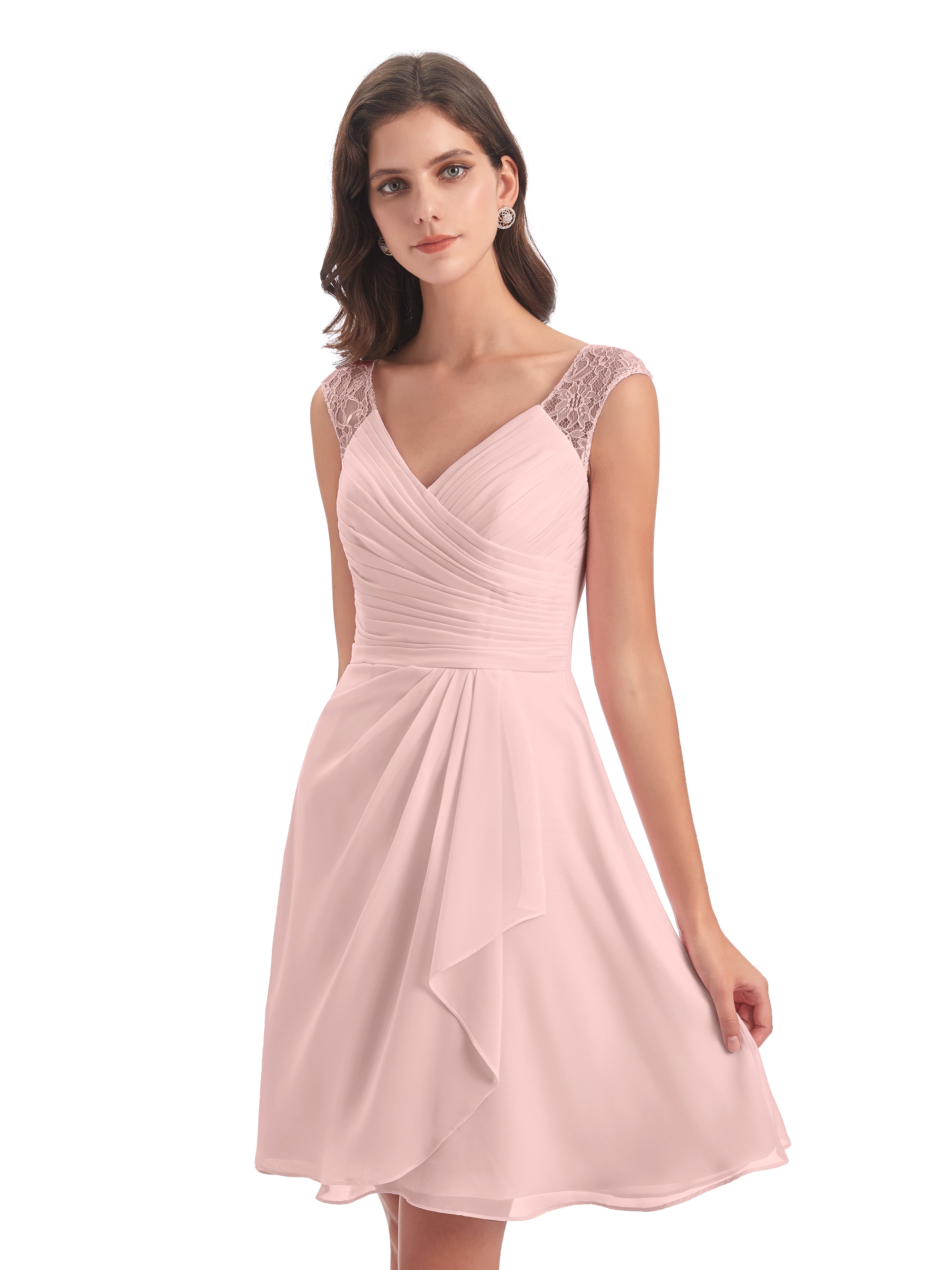 Robe Demoiselle D Honneur Rose Poudré Courte Dentelle/Mousseline Robes Demoiselle D'Honneur Avec Plissé