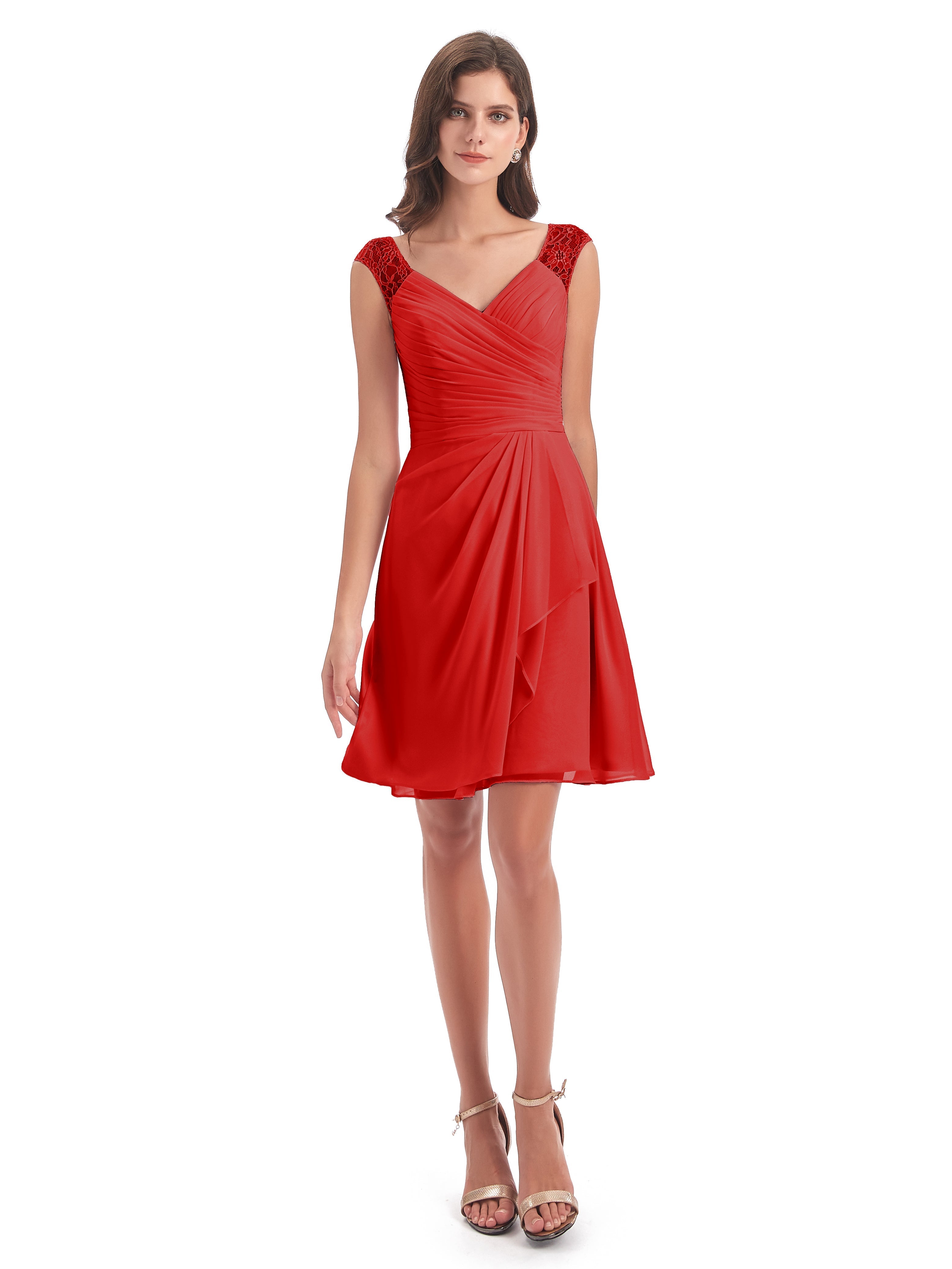 Robe Rouge Mariage Demoiselle D Honneur Courte Dentelle/Mousseline Robes Demoiselle D'Honneur Avec Plissé
