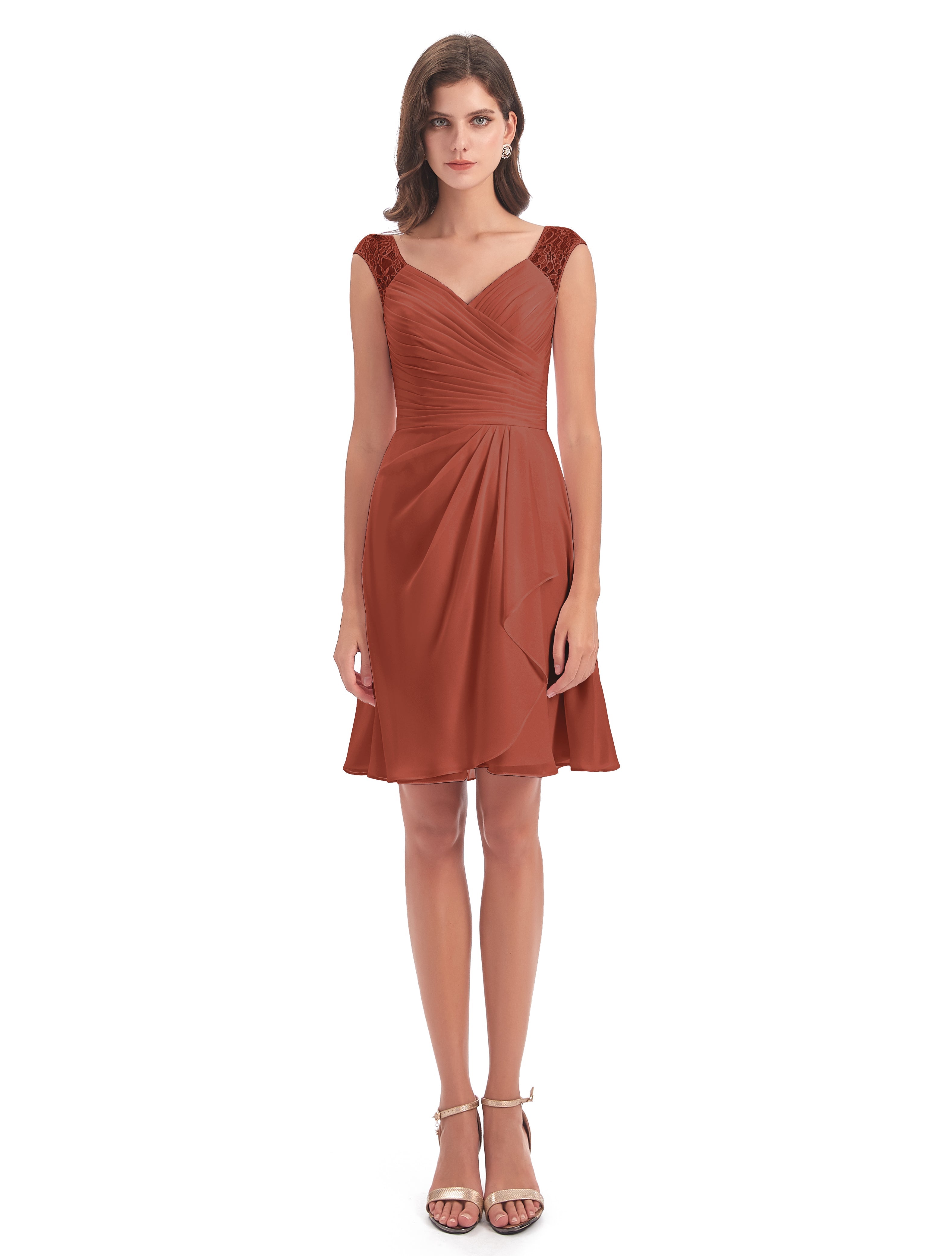Robes De Demoiselle D'Honneur Rouille Bon Marché Courte Dentelle/Mousseline Robes Demoiselle D'Honneur Avec Plissé