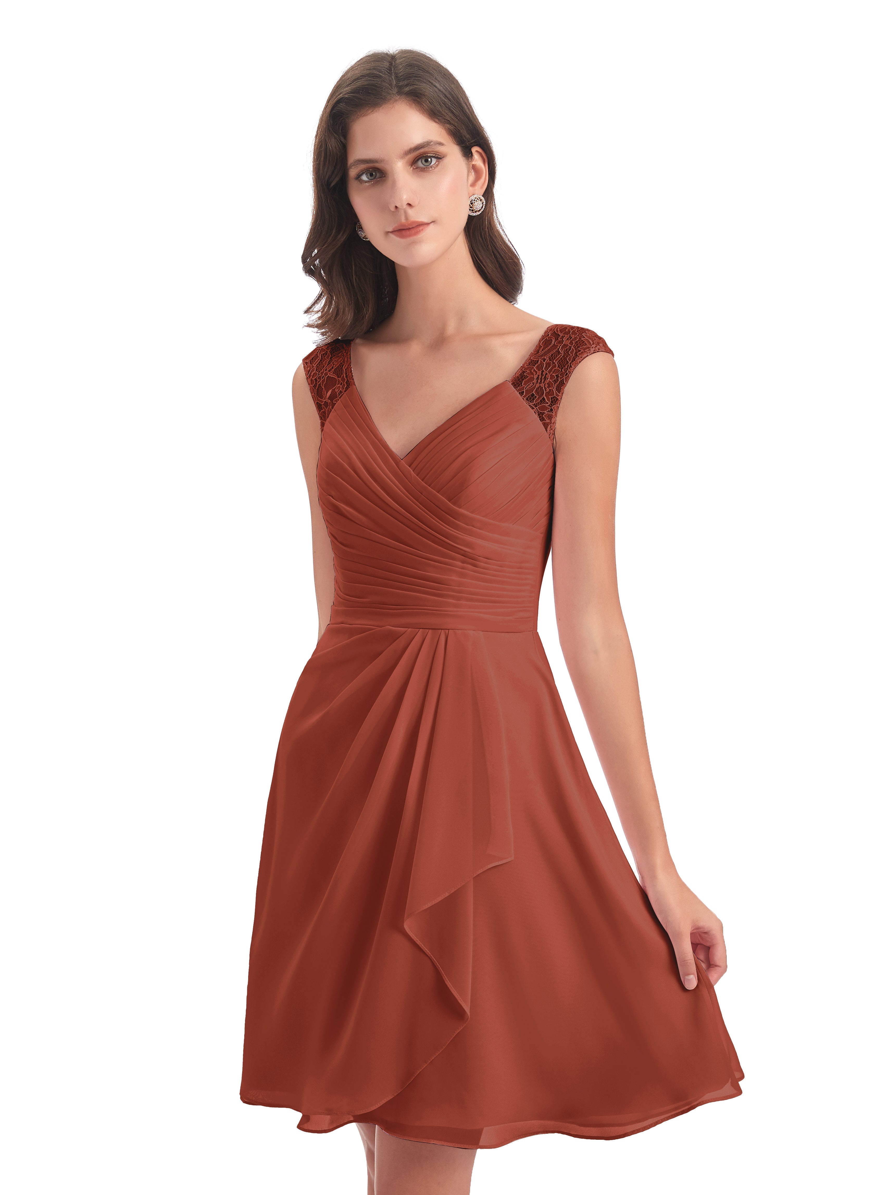 Robes De Demoiselle D'Honneur Rouille Bon Marché Courte Dentelle/Mousseline Robes Demoiselle D'Honneur Avec Plissé