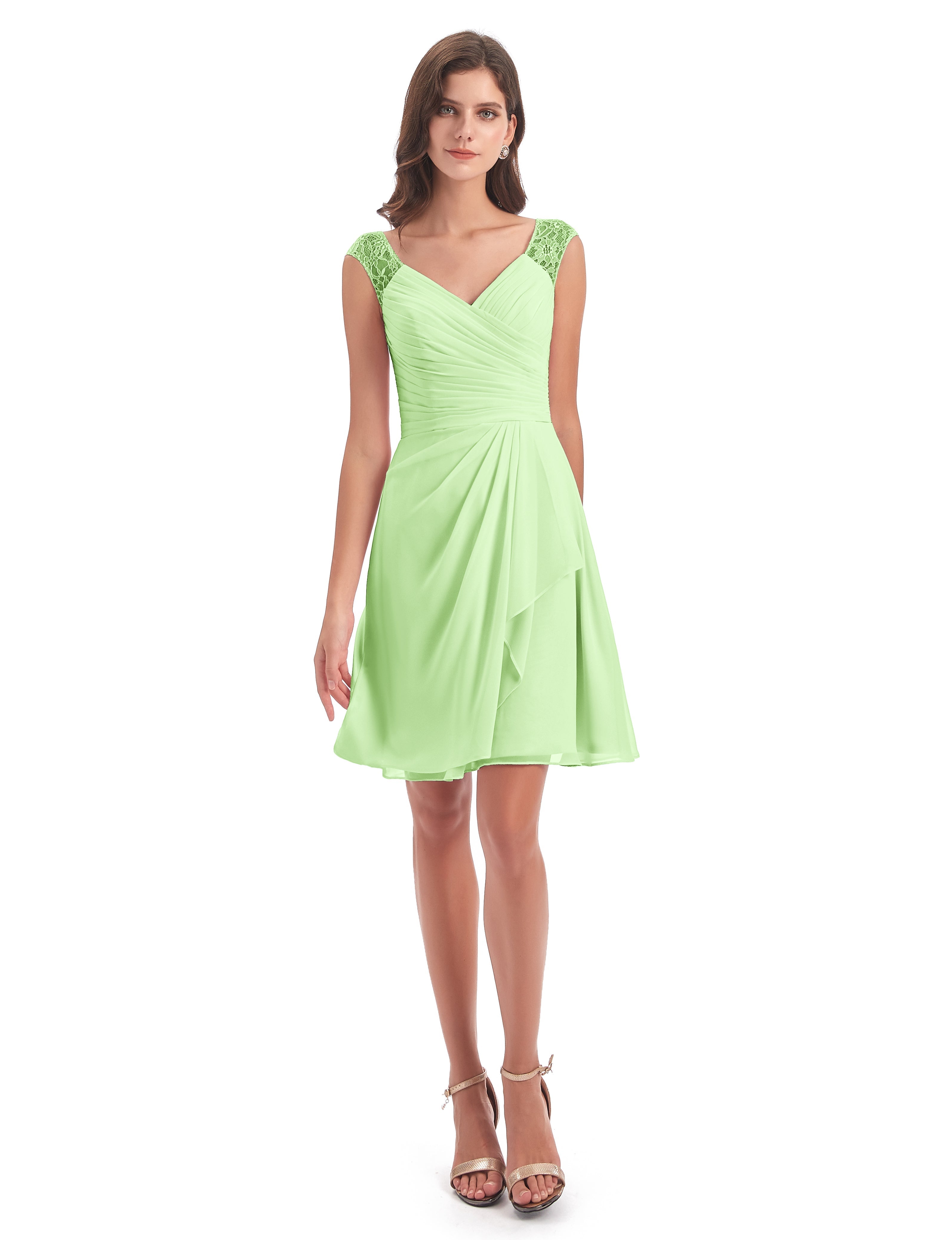 Robe Demoiselle D Honneur Sauge Courte Dentelle/Mousseline Robes Demoiselle D'Honneur Avec Plissé