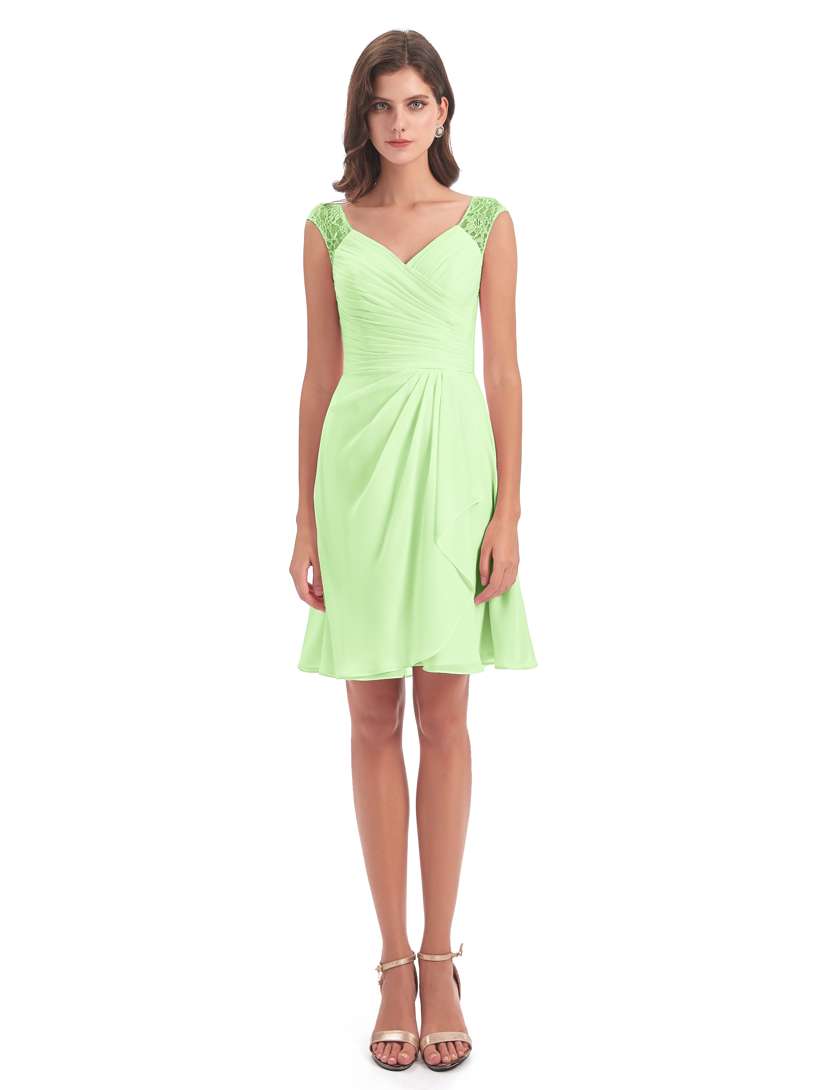 Robe Demoiselle D Honneur Sauge Courte Dentelle/Mousseline Robes Demoiselle D'Honneur Avec Plissé
