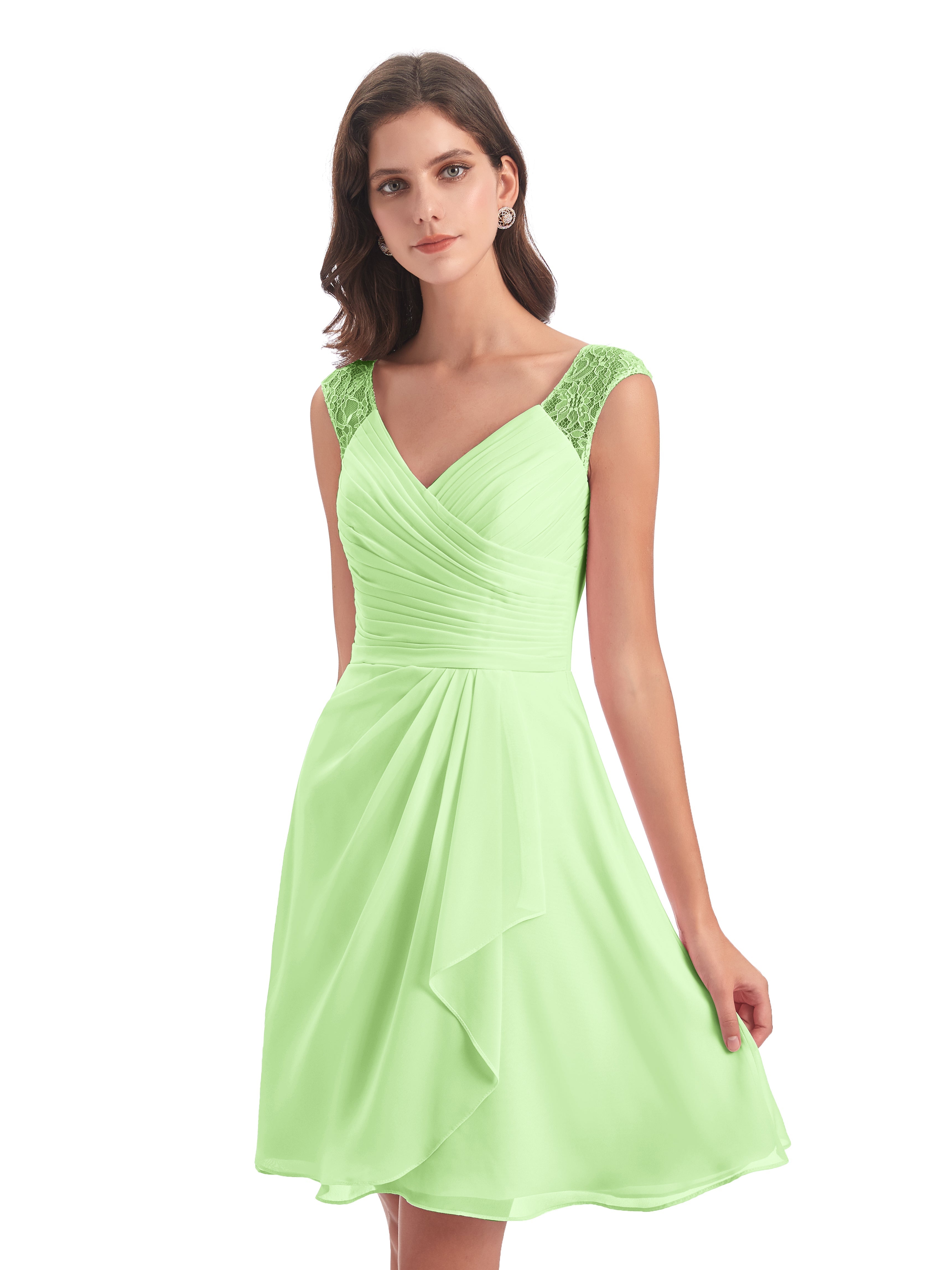 Robe Demoiselle D Honneur Sauge Courte Dentelle/Mousseline Robes Demoiselle D'Honneur Avec Plissé