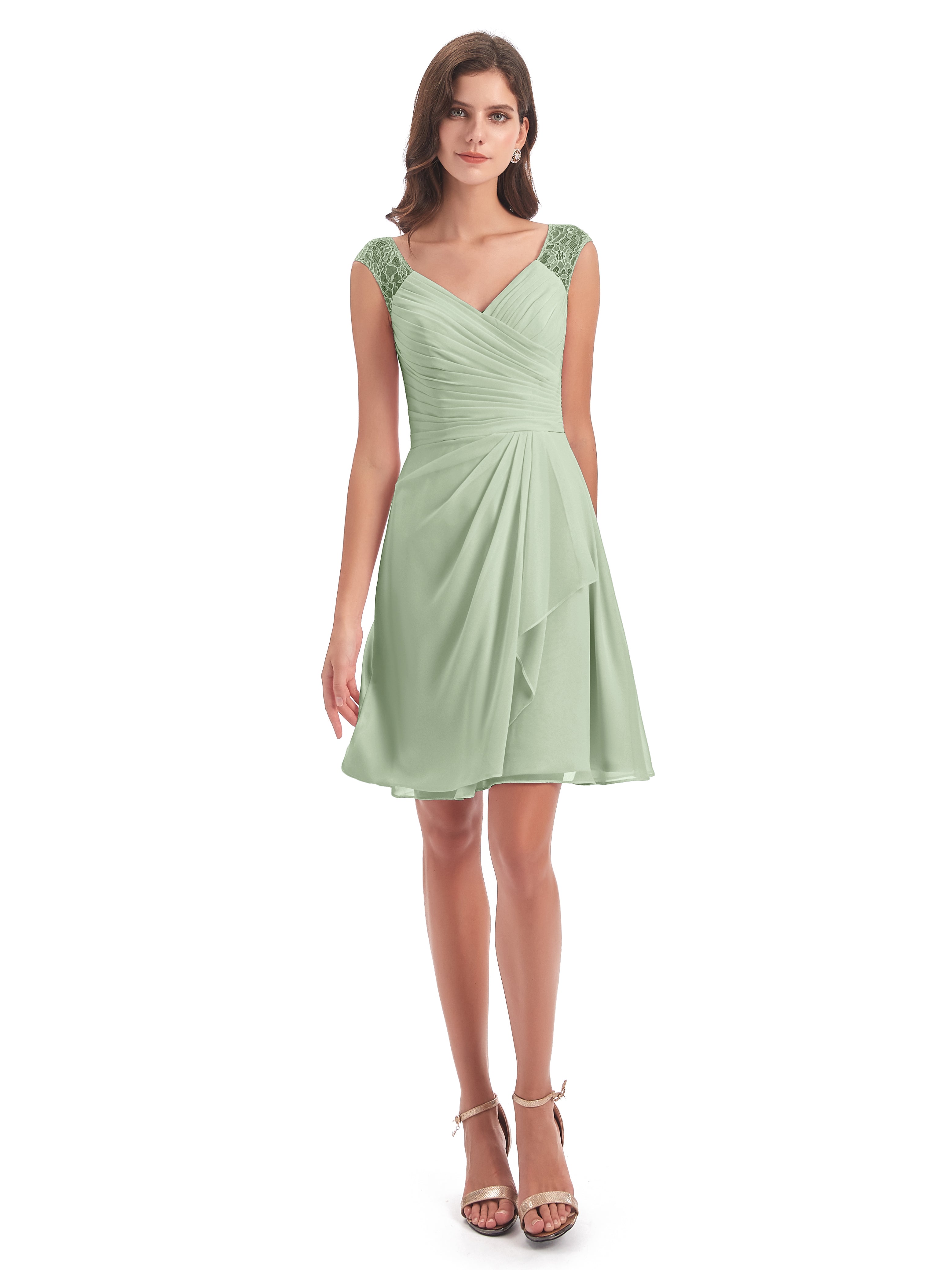 Demoiselles D'Honneur De Sauge Poussiéreuse Courte Dentelle/Mousseline Robes Demoiselle D'Honneur Avec Plissé