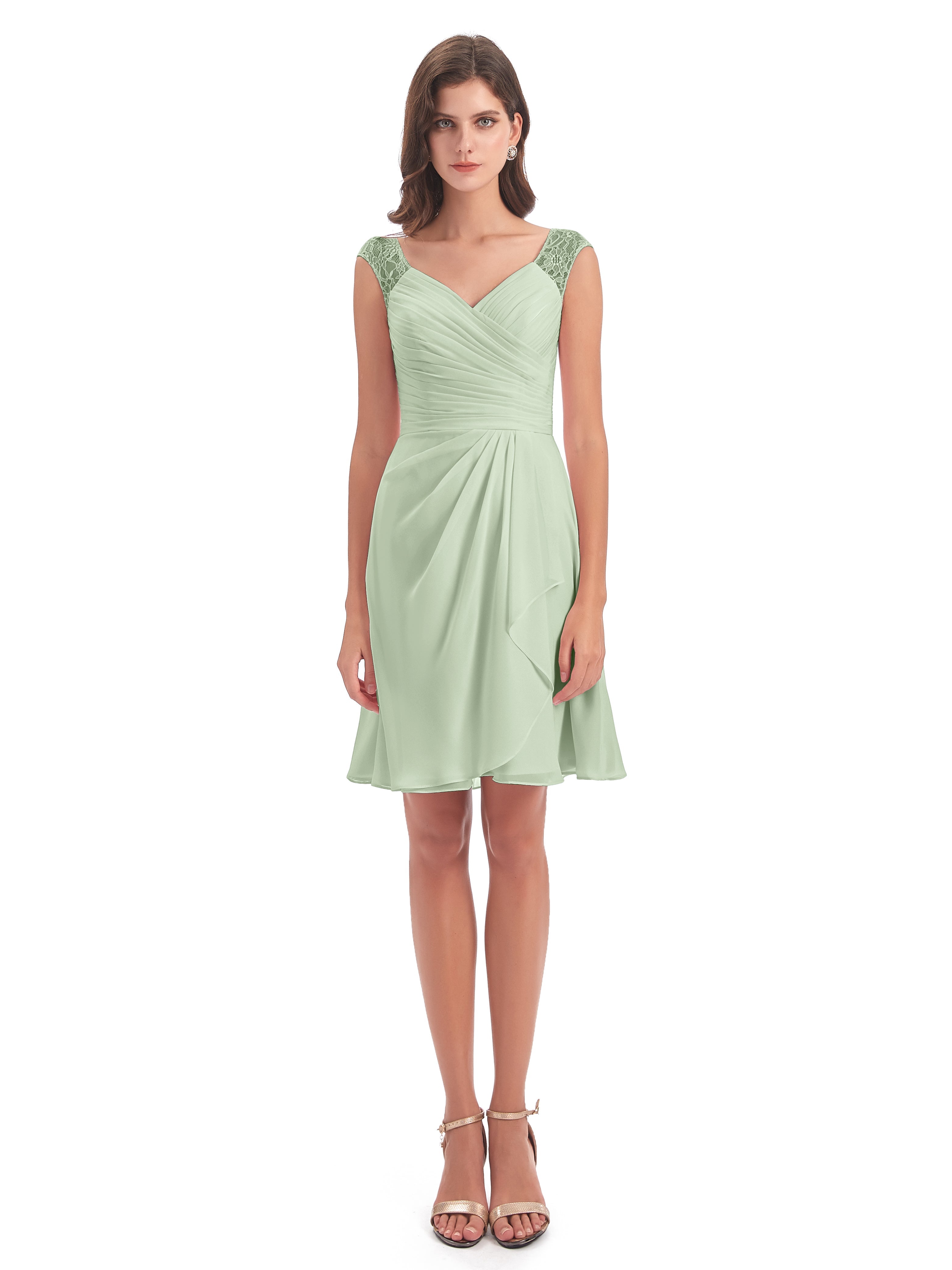 Demoiselles D'Honneur De Sauge Poussiéreuse Courte Dentelle/Mousseline Robes Demoiselle D'Honneur Avec Plissé