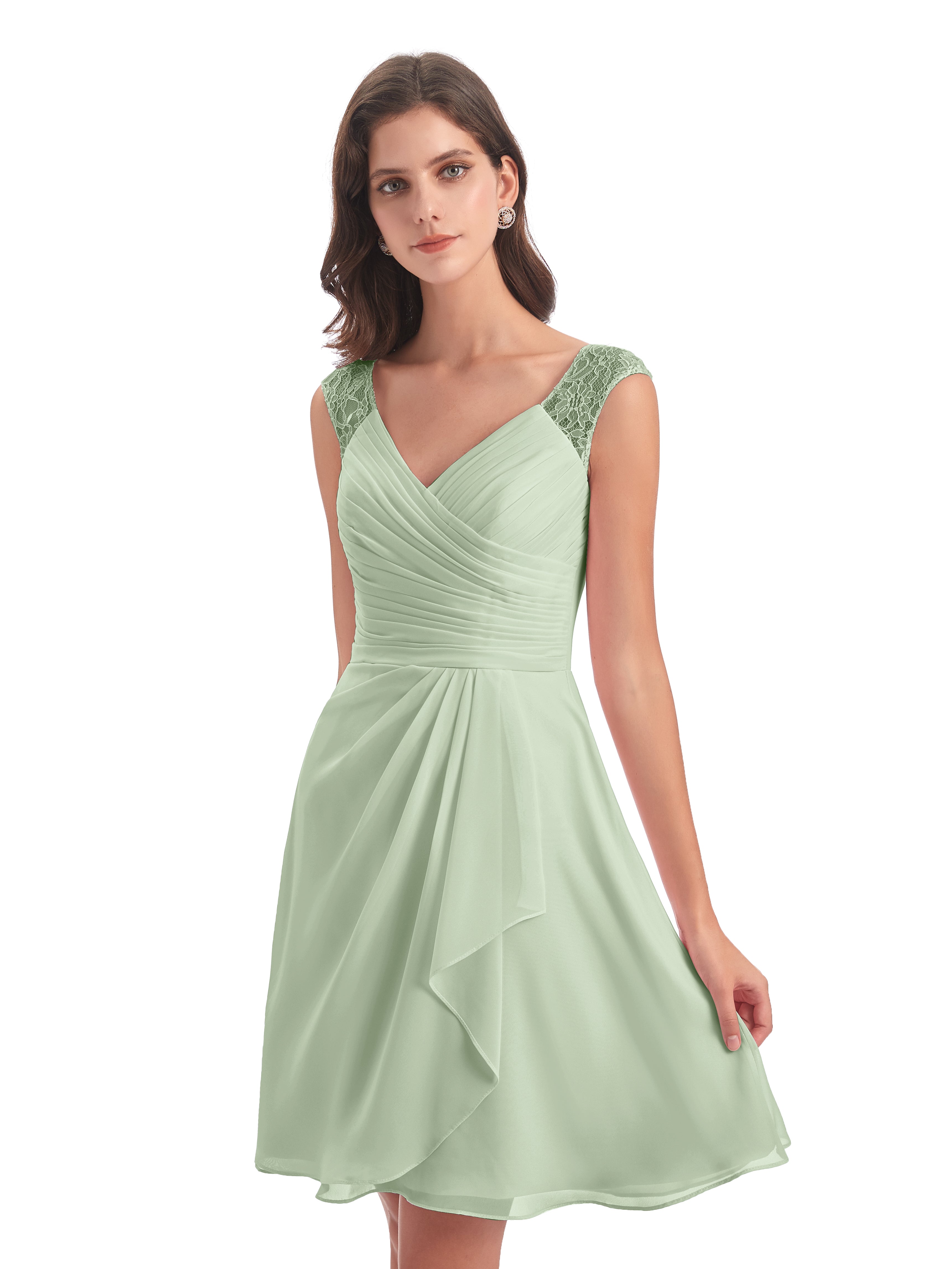 Demoiselles D'Honneur De Sauge Poussiéreuse Courte Dentelle/Mousseline Robes Demoiselle D'Honneur Avec Plissé