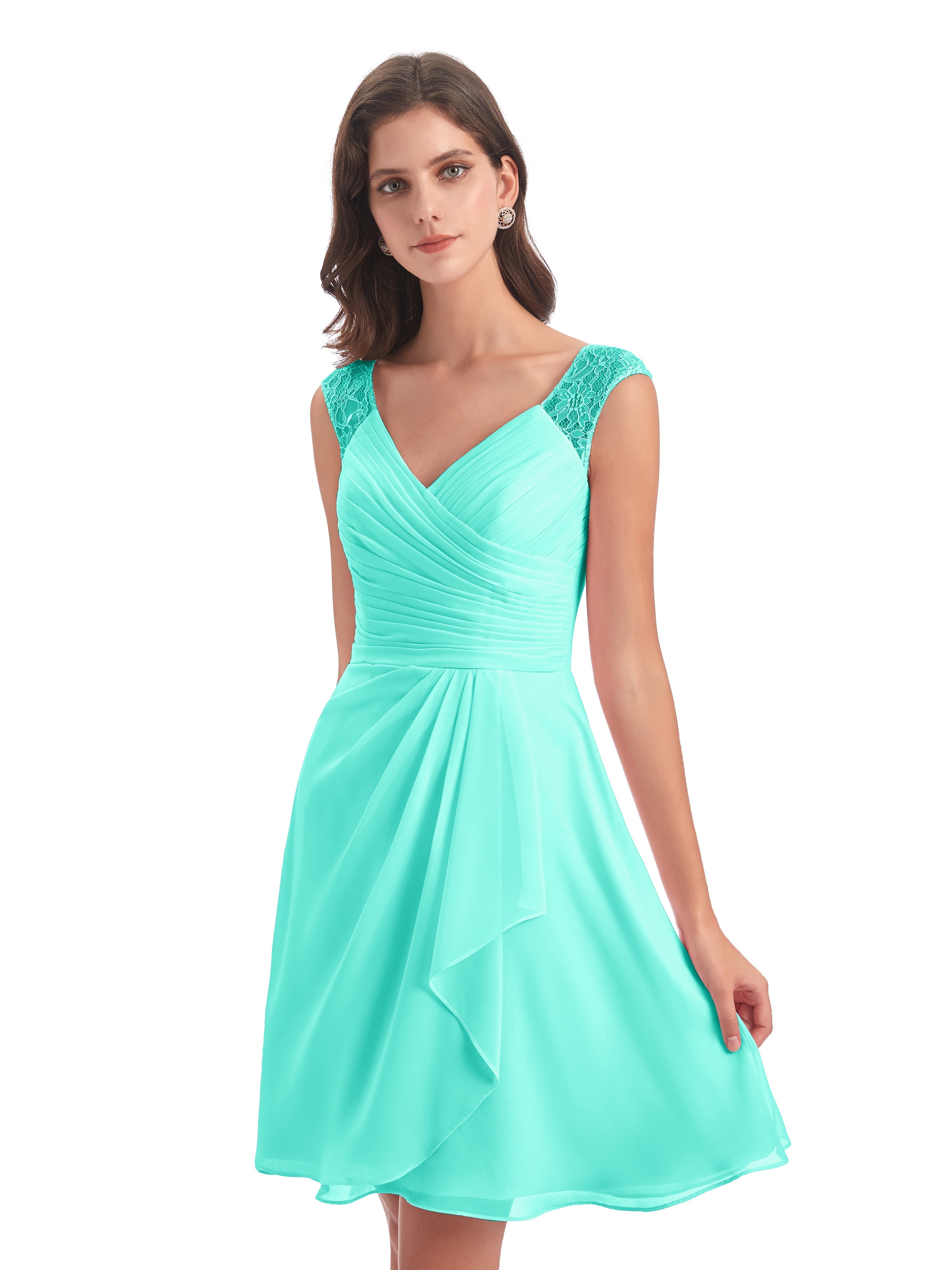 Robes De Demoiselle D'Honneur Spa Courte Dentelle/Mousseline Robes Demoiselle D'Honneur Avec Plissé