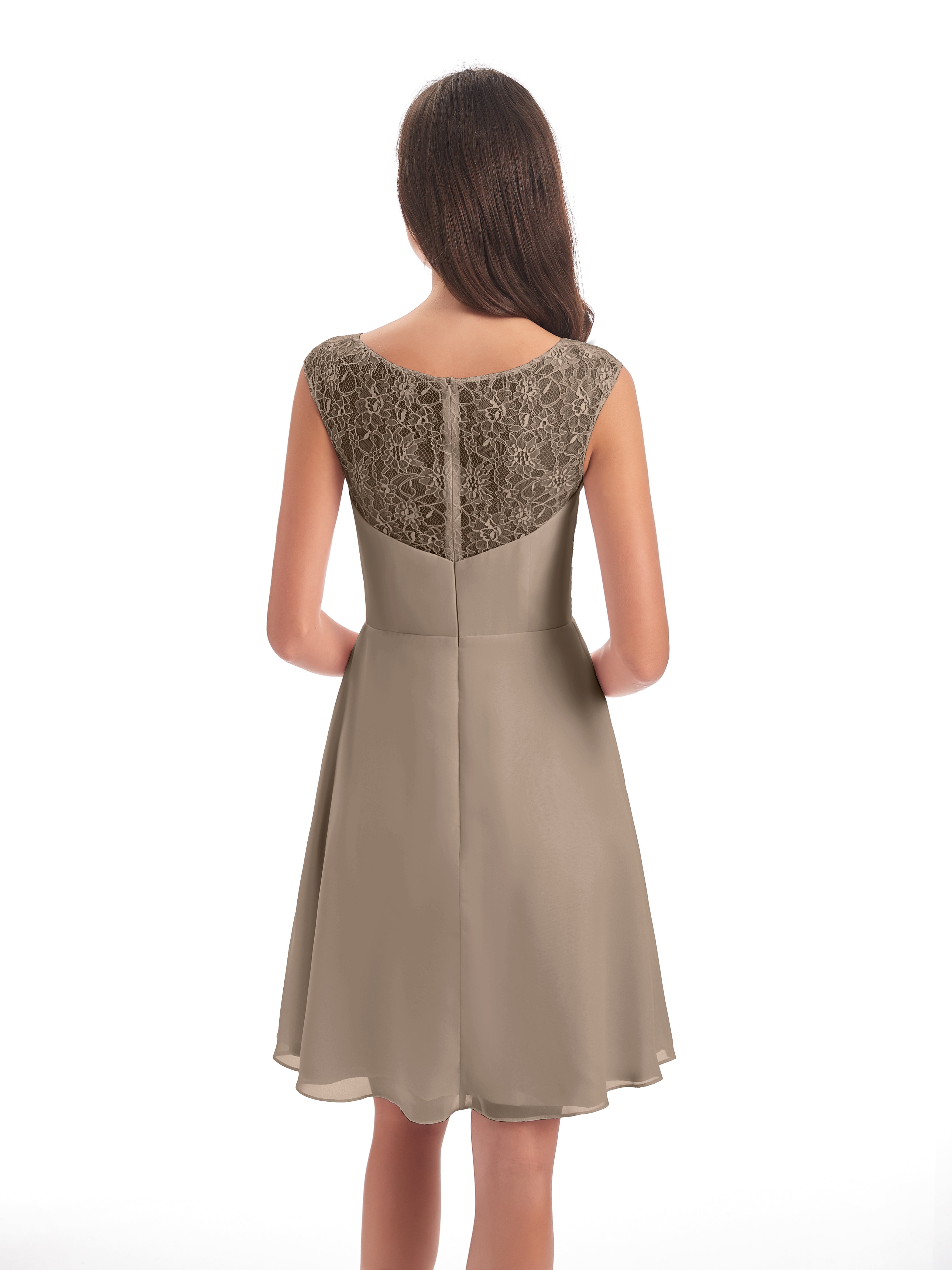 Couleur Taupe Robe Courte Dentelle/Mousseline Robes Demoiselle D'Honneur Avec Plissé