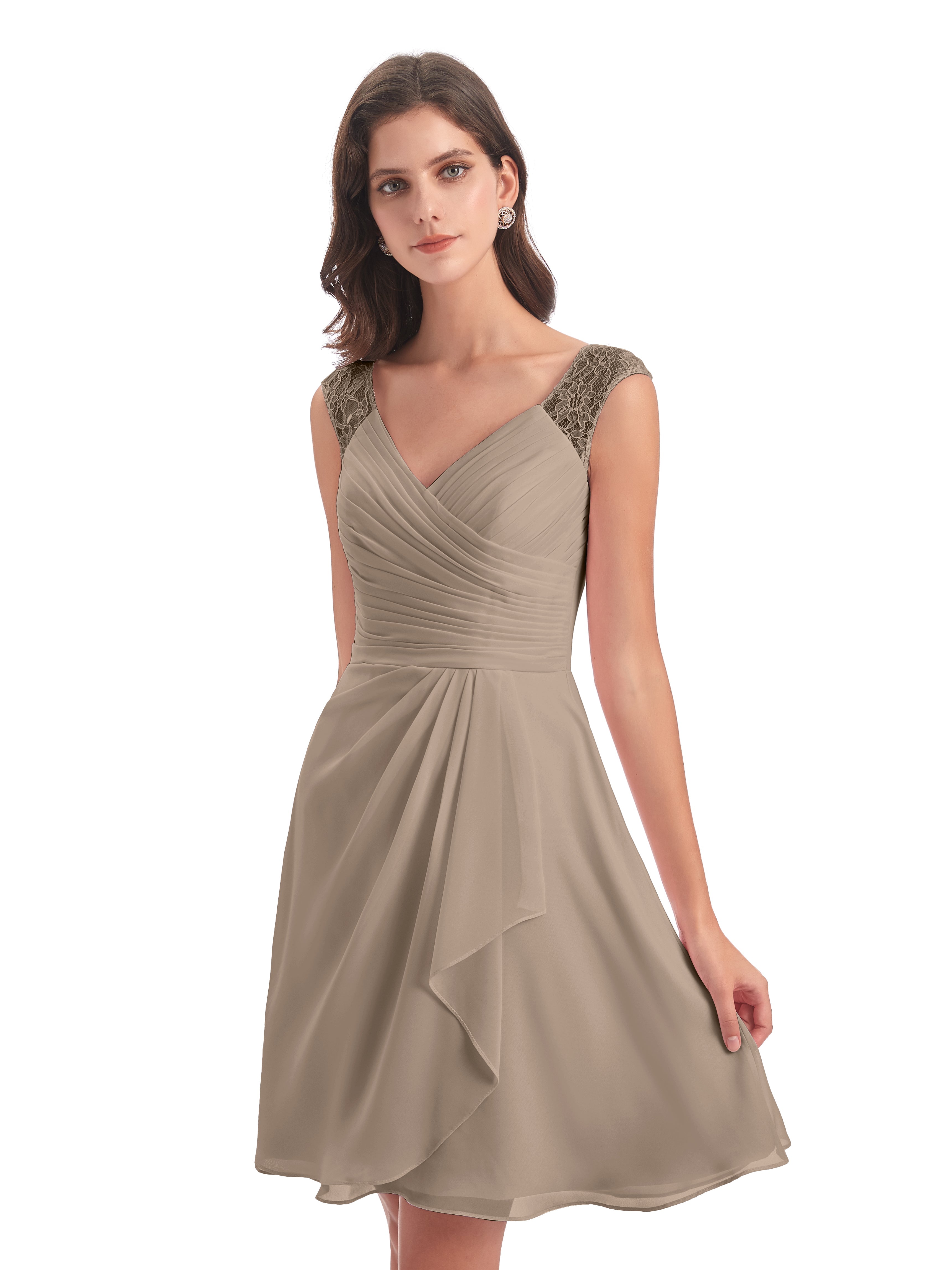 Couleur Taupe Robe Courte Dentelle/Mousseline Robes Demoiselle D'Honneur Avec Plissé