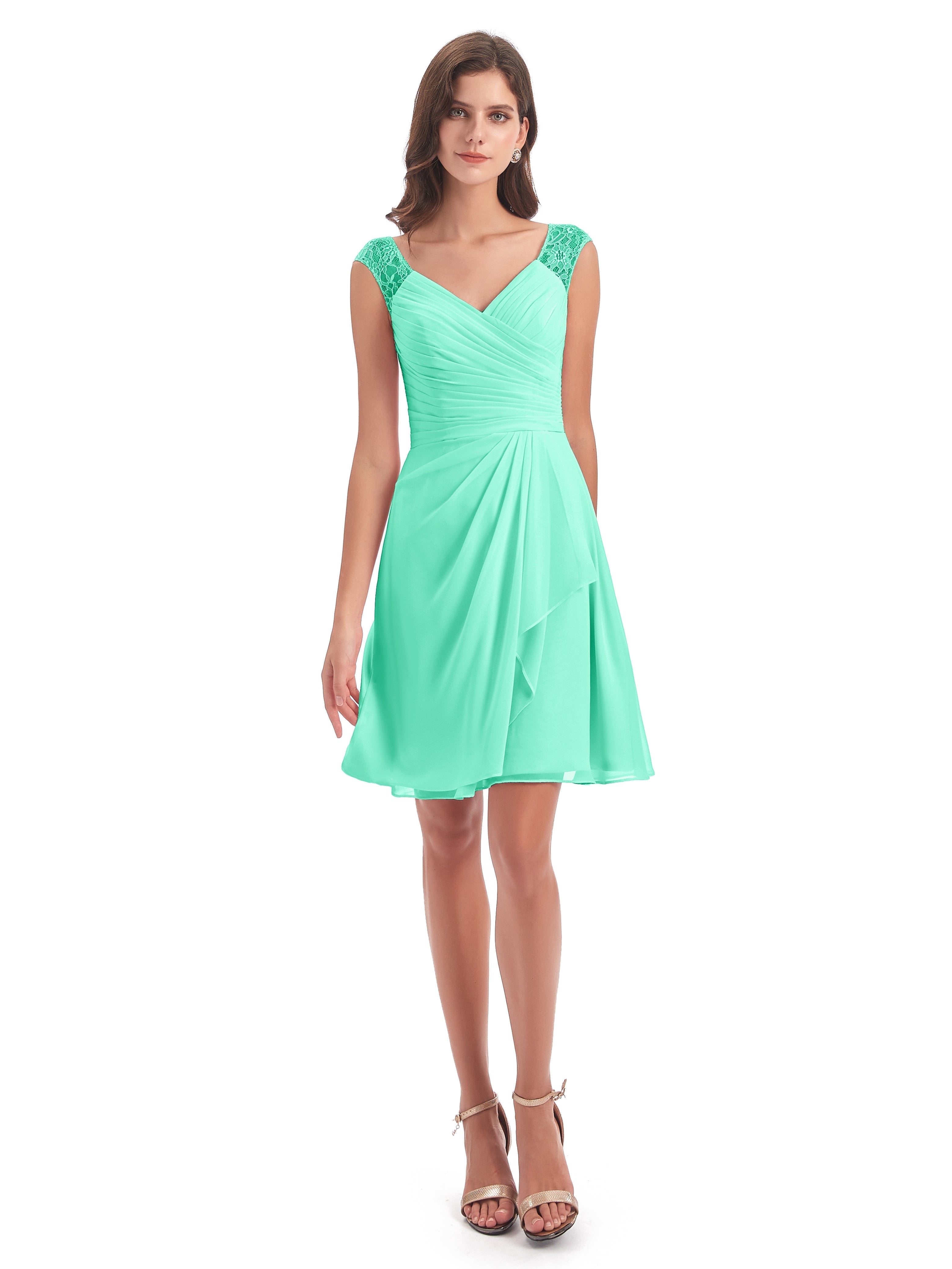 Demoiselle Dhonneur Robe Bleu Turquoise Courte Dentelle/Mousseline Robes Demoiselle D'Honneur Avec Plissé