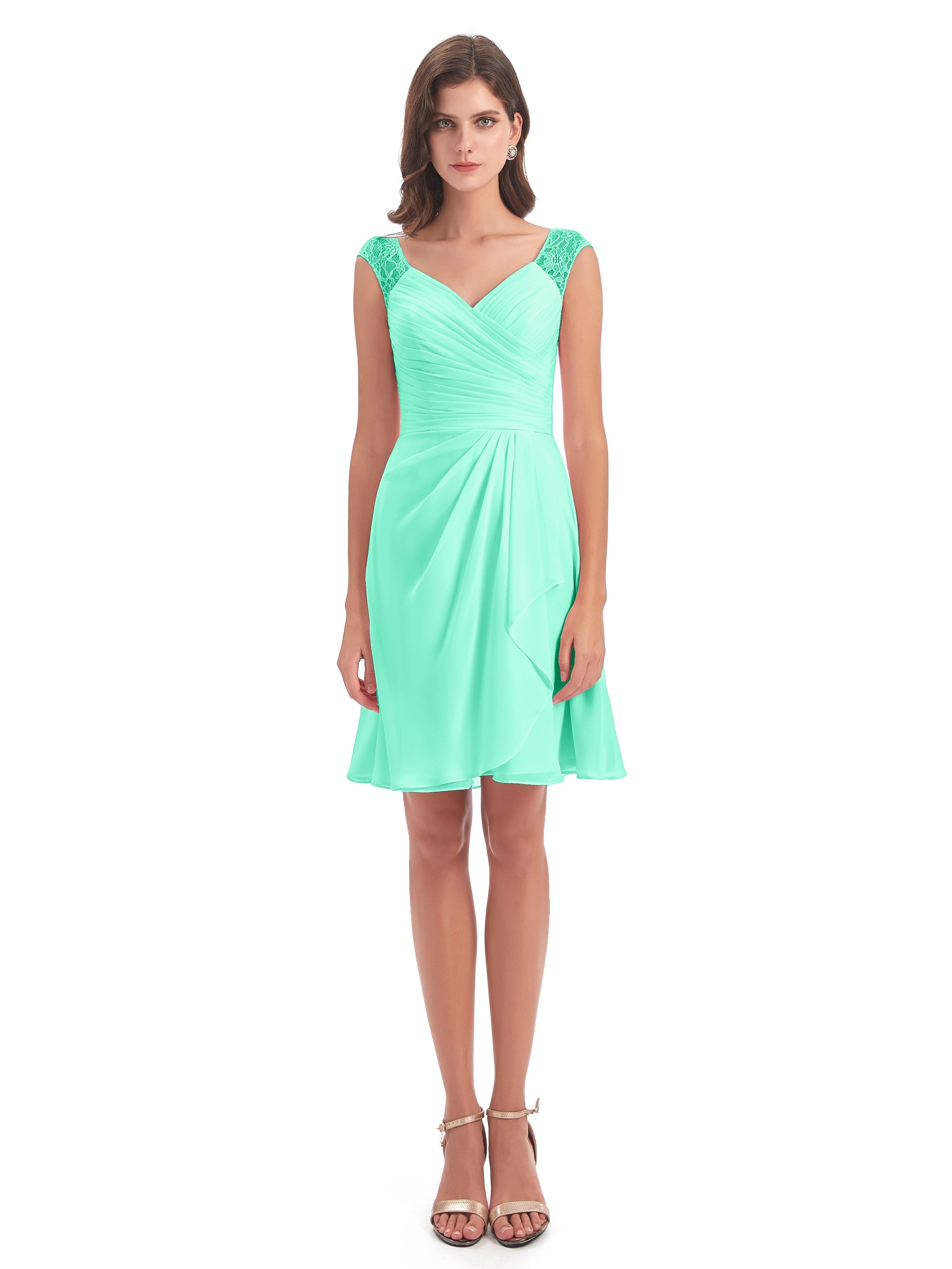 Demoiselle Dhonneur Robe Bleu Turquoise Courte Dentelle/Mousseline Robes Demoiselle D'Honneur Avec Plissé
