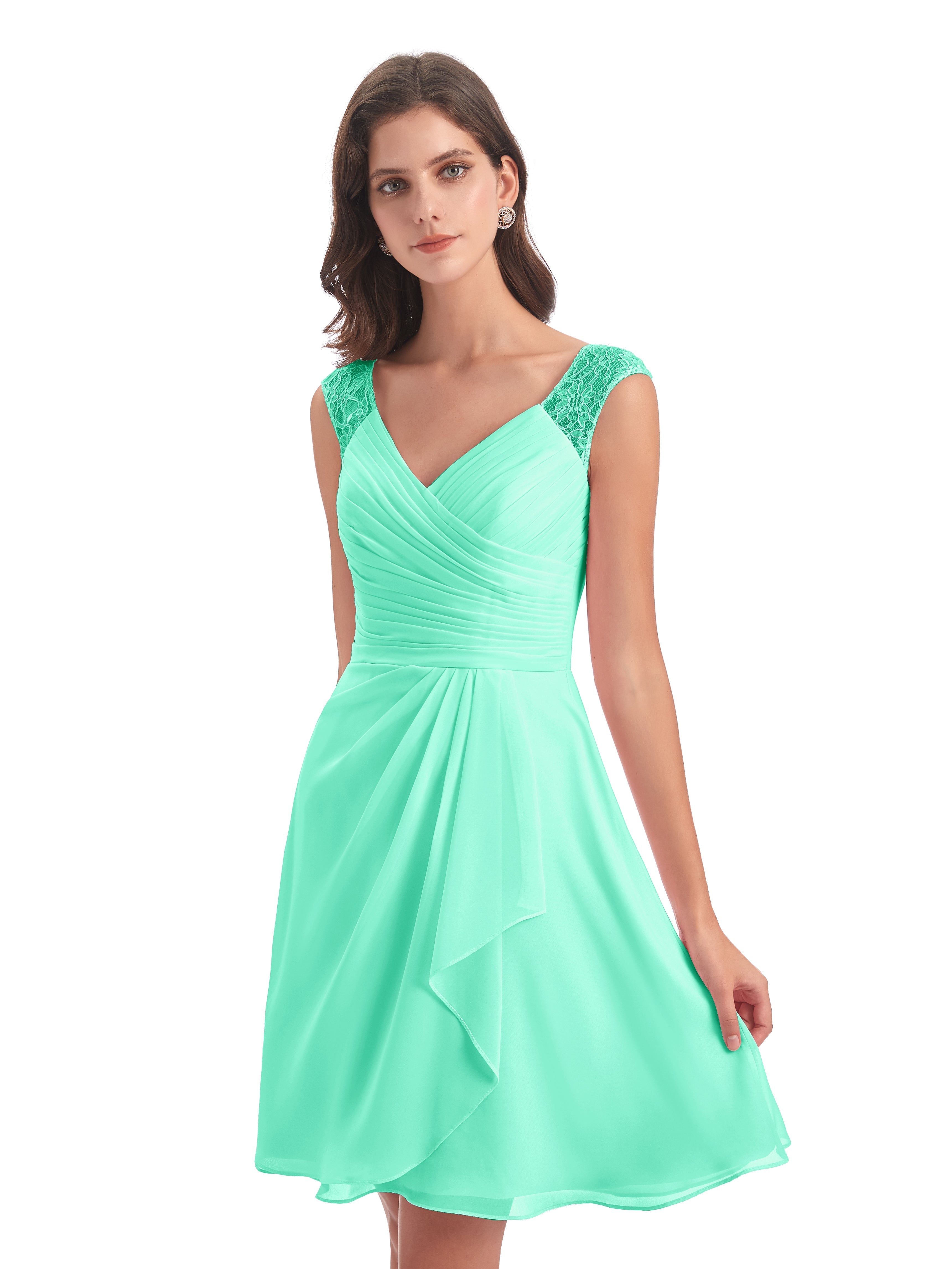 Demoiselle Dhonneur Robe Bleu Turquoise Courte Dentelle/Mousseline Robes Demoiselle D'Honneur Avec Plissé