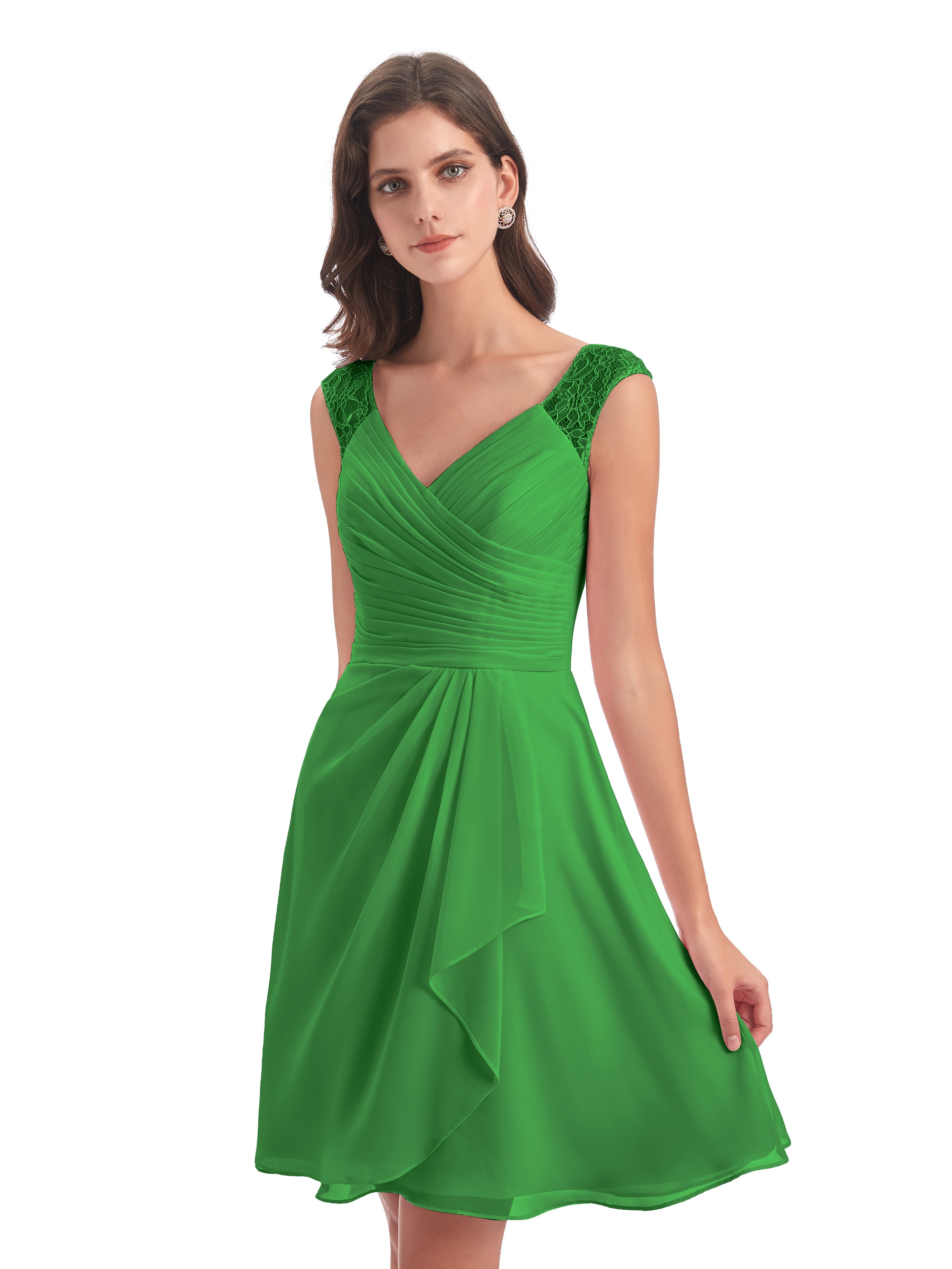 Robe Verte Demoiselle D Honneur Courte Dentelle/Mousseline Robes Demoiselle D'Honneur Avec Plissé