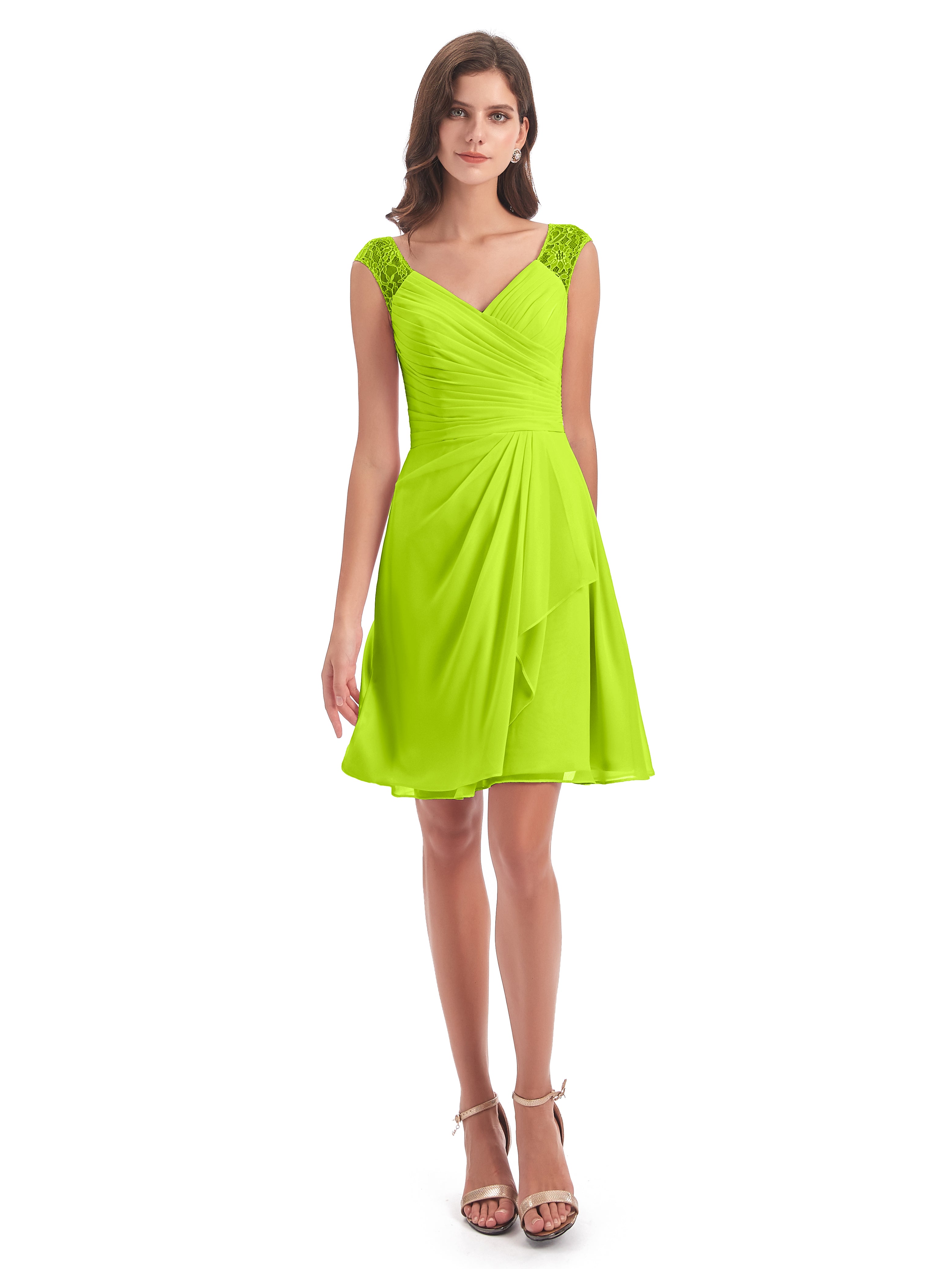 Robes De Demoiselle D'Honneur Vert Citron Courte Dentelle/Mousseline Robes Demoiselle D'Honneur Avec Plissé