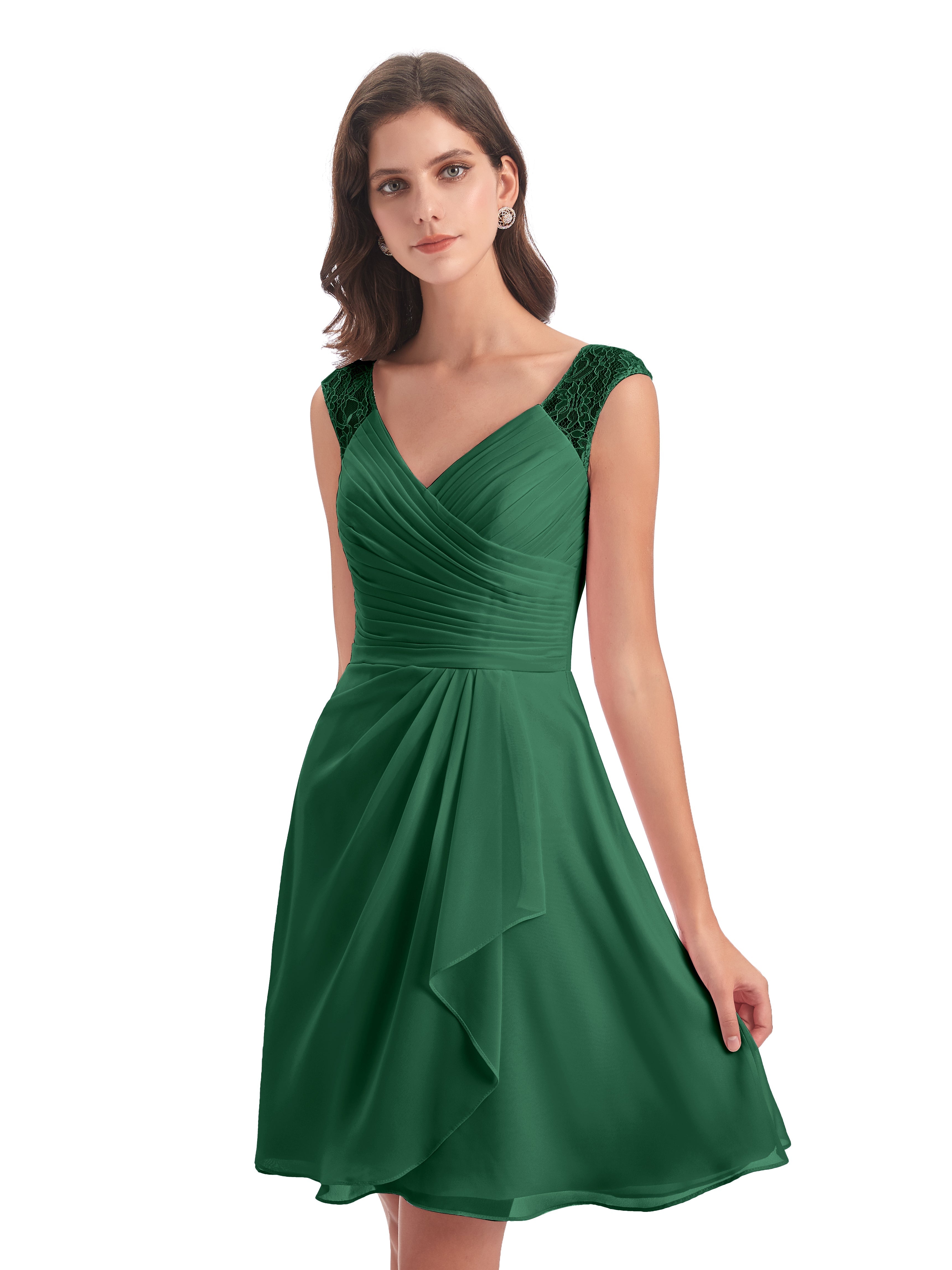 Demoiselle D'Honneur Vert Foncé Courte Dentelle/Mousseline Robes Demoiselle D'Honneur Avec Plissé