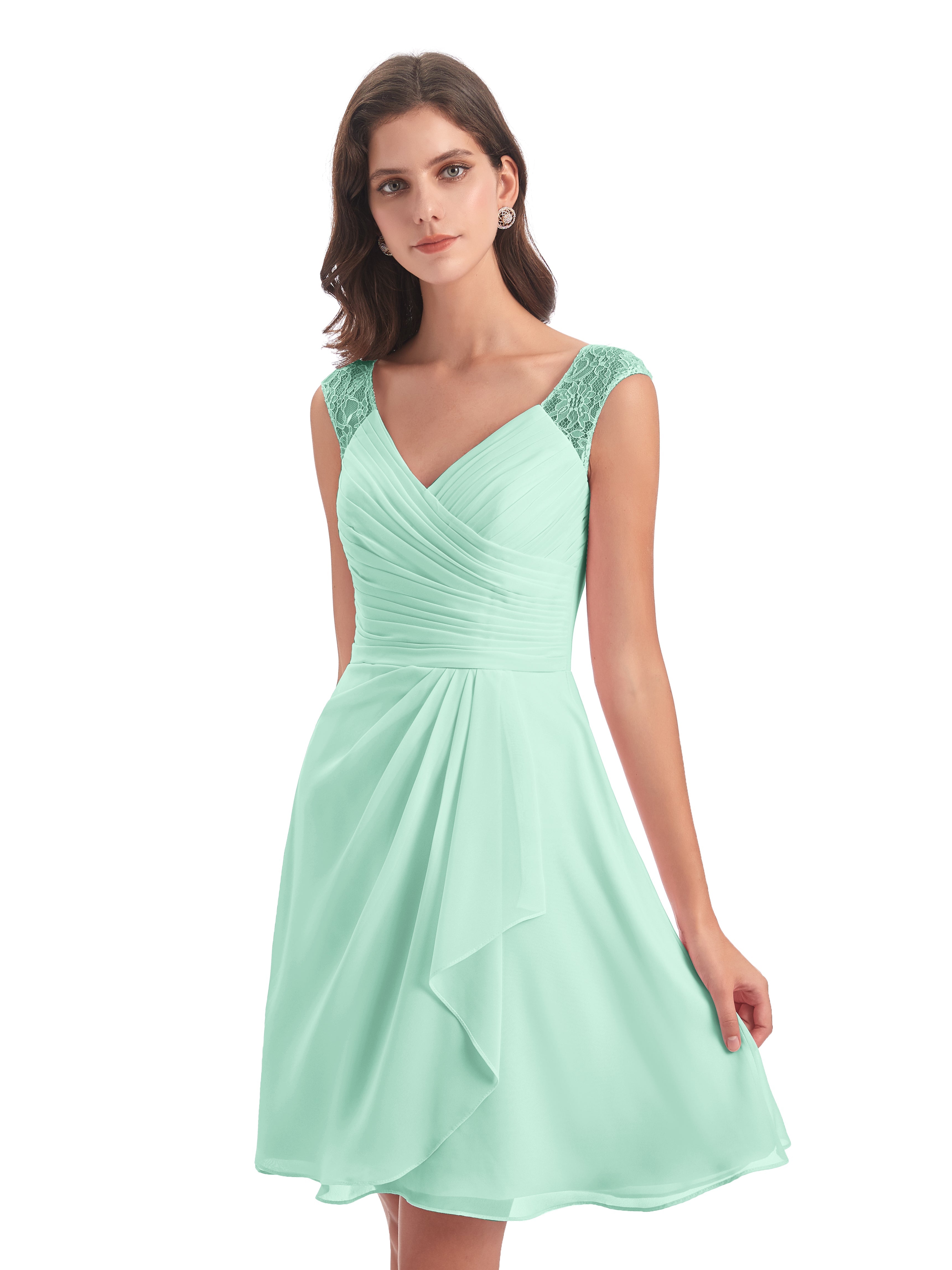 Robe Vert Menthe Demoiselle D Honneur Courte Dentelle/Mousseline Robes Demoiselle D'Honneur Avec Plissé