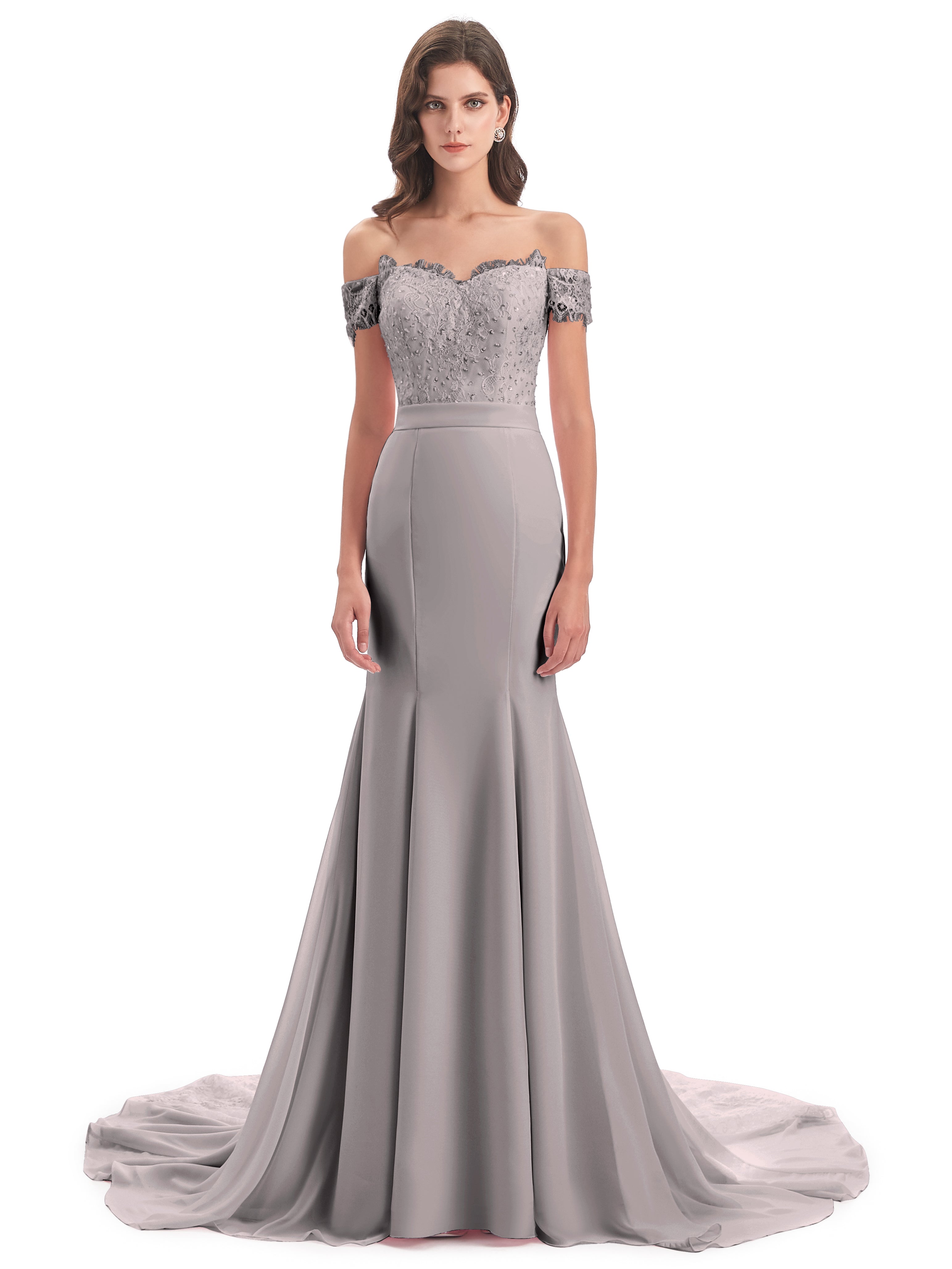 Robe Demoiselle D Honneur Argent Carlee Sirène Traîne Tribunal Hors-La-Épaule Robes Demoiselle D'Honneur