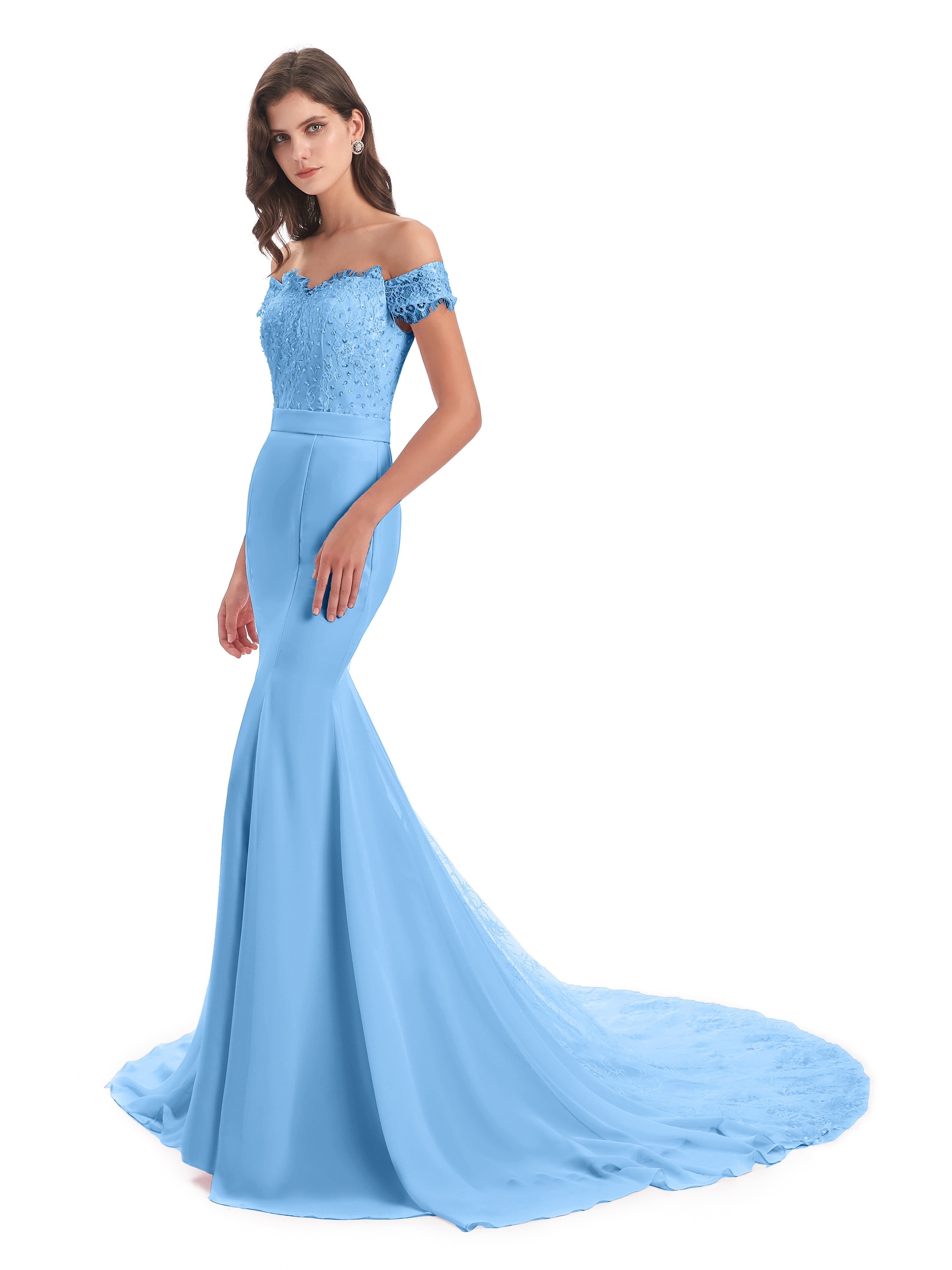 Robes De Demoiselle D'Honneur Bleu Clair Carlee Sirène Traîne Tribunal Hors-La-Épaule Robes Demoiselle D'Honneur