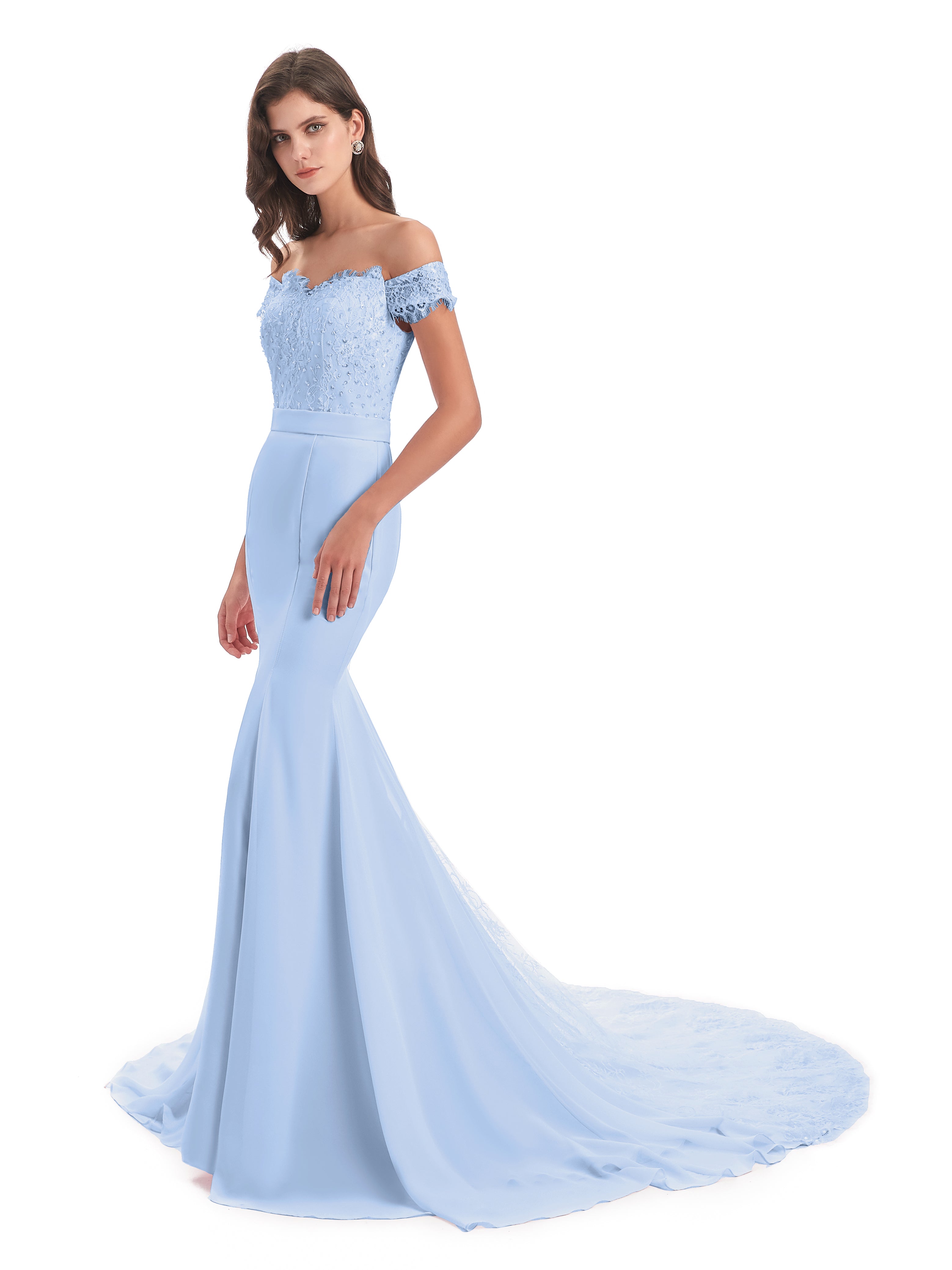 Robe Bleu Ciel Demoiselle D Honneur Carlee Sirène Traîne Tribunal Hors-La-Épaule Robes Demoiselle D'Honneur