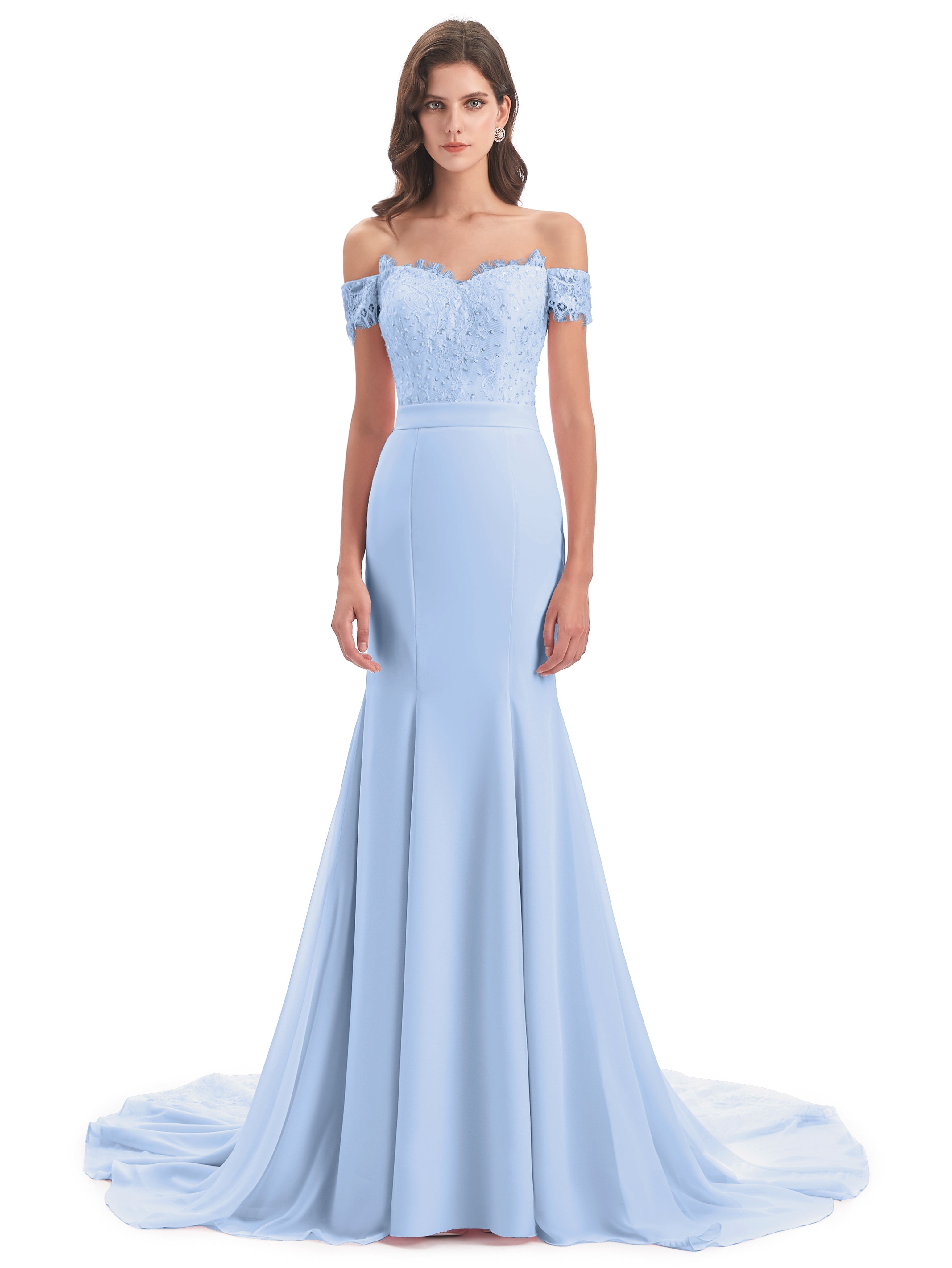 Robe Bleu Ciel Demoiselle D Honneur Carlee Sirène Traîne Tribunal Hors-La-Épaule Robes Demoiselle D'Honneur