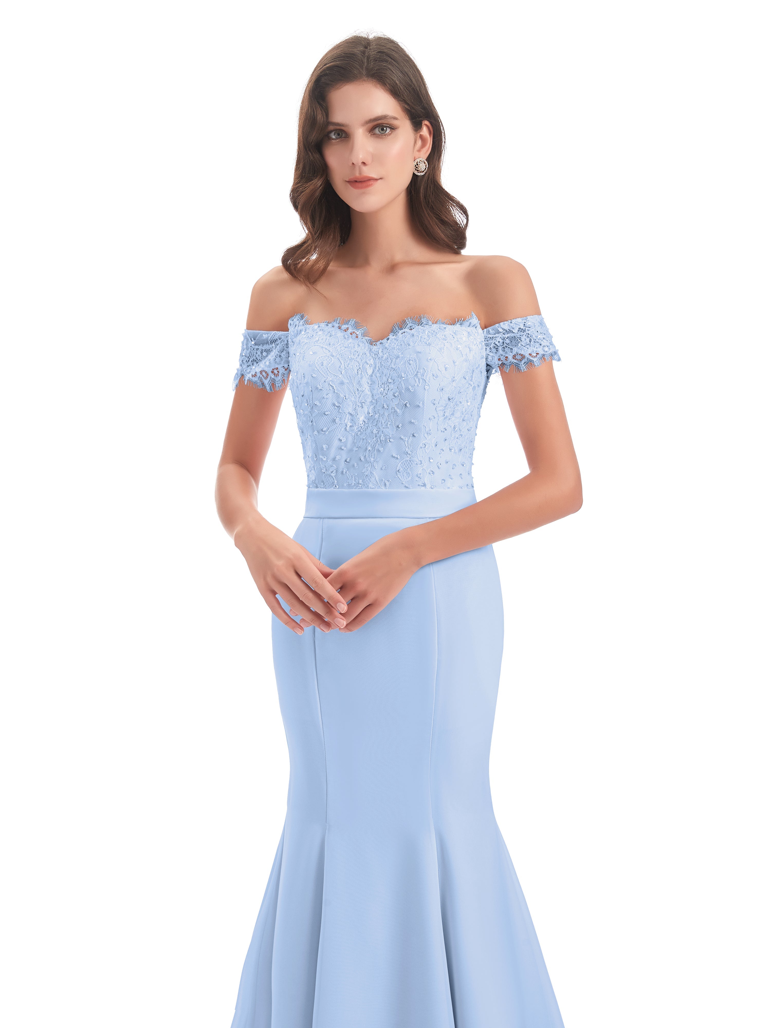 Robe Bleu Ciel Demoiselle D Honneur Carlee Sirène Traîne Tribunal Hors-La-Épaule Robes Demoiselle D'Honneur