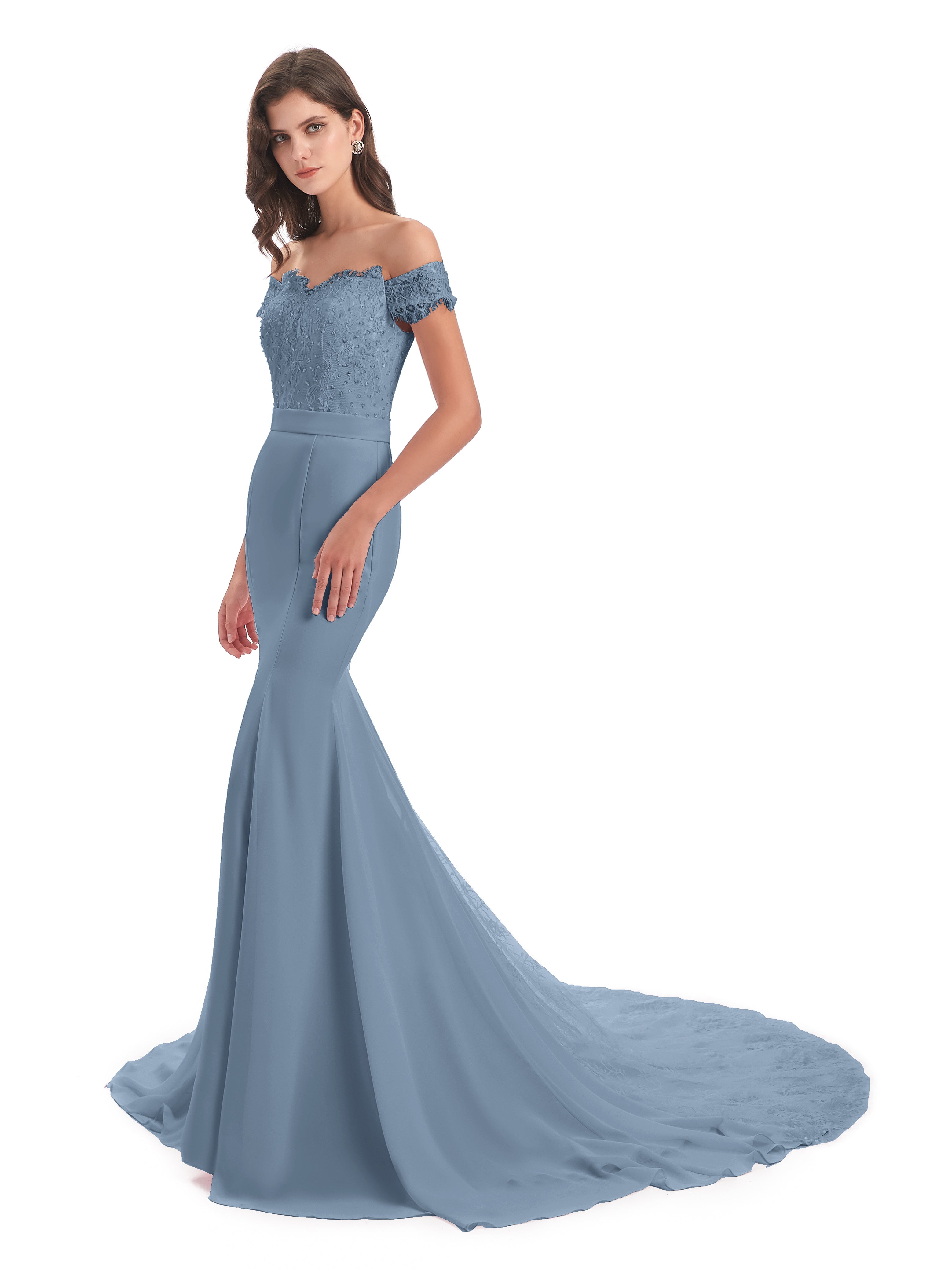 Robes De Demoiselle D'Honneur Bleu De Schiste Carlee Sirène Traîne Tribunal Hors-La-Épaule Robes Demoiselle D'Honneur