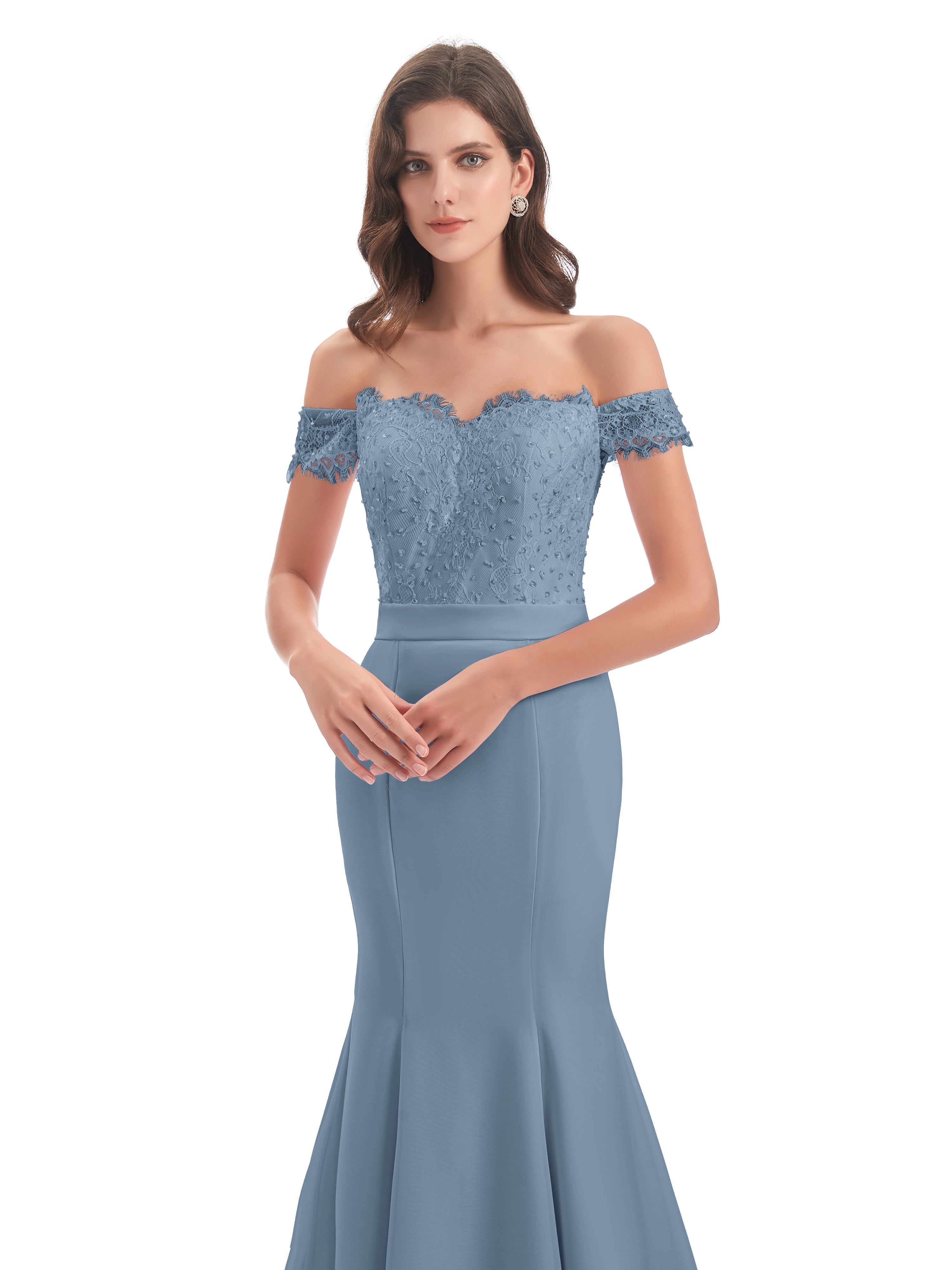 Robes De Demoiselle D'Honneur Bleu De Schiste Carlee Sirène Traîne Tribunal Hors-La-Épaule Robes Demoiselle D'Honneur