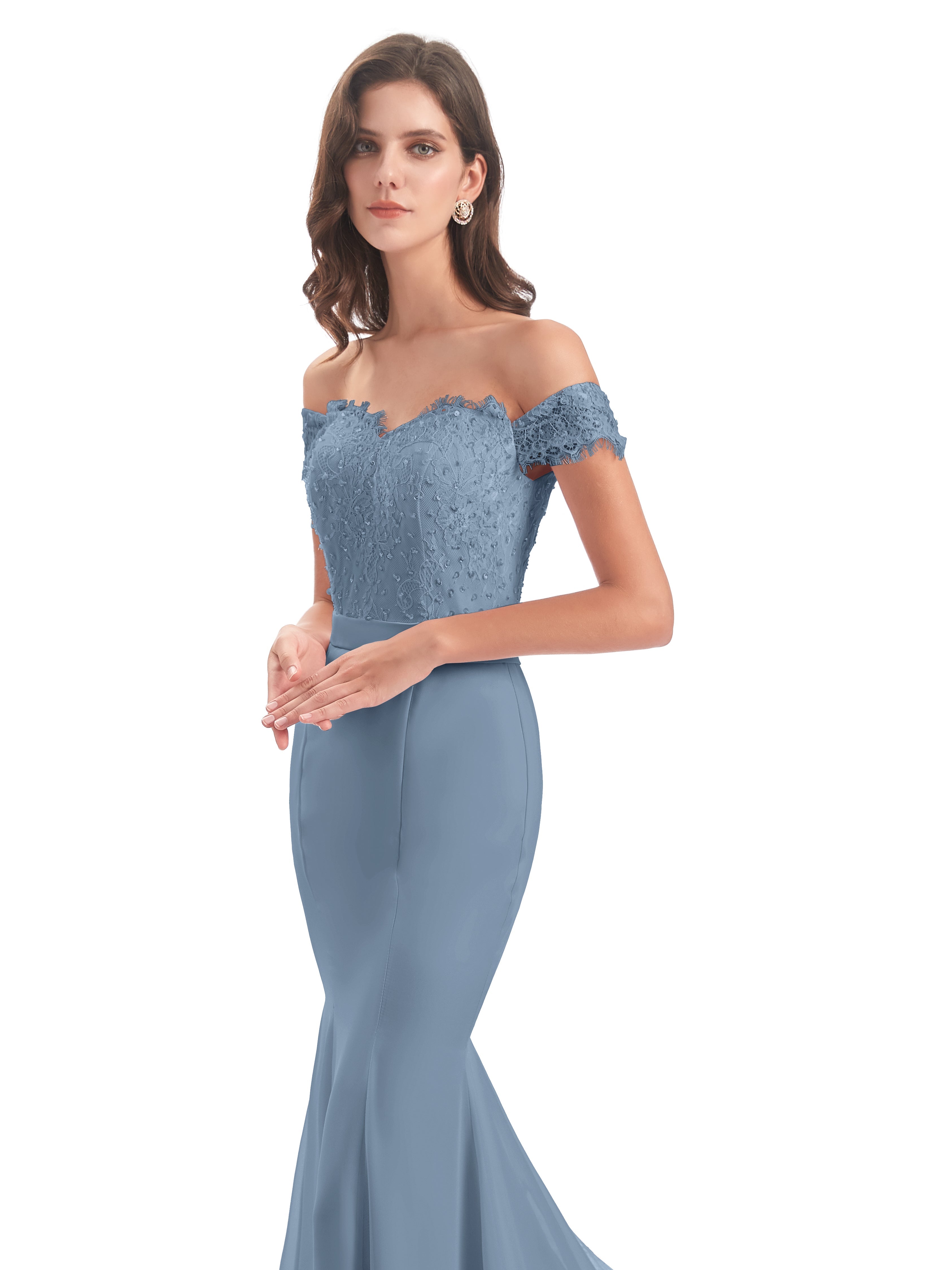 Robes De Demoiselle D'Honneur Bleu De Schiste Carlee Sirène Traîne Tribunal Hors-La-Épaule Robes Demoiselle D'Honneur