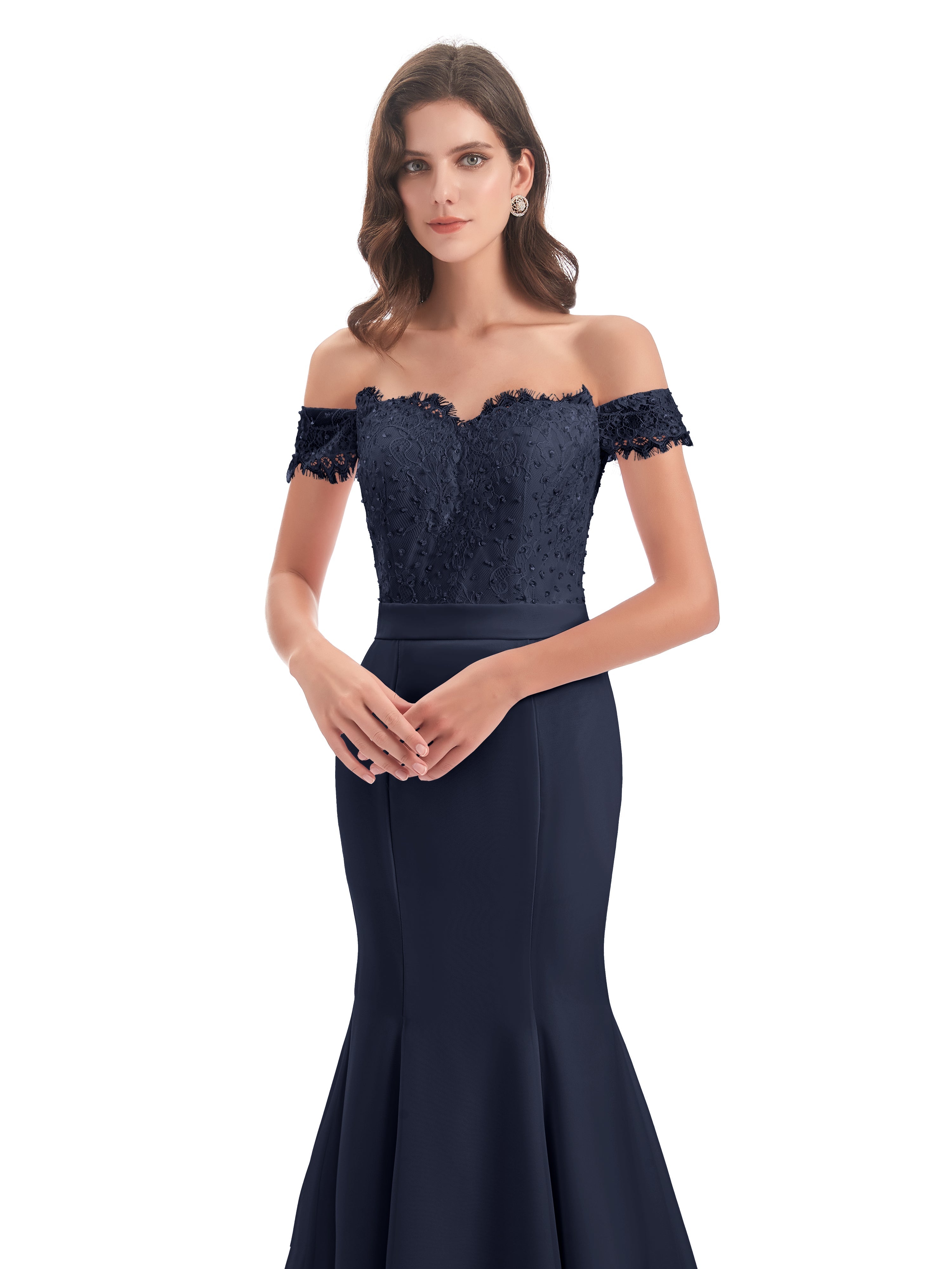 Demoiselle D'Honneur Bleu Marine Carlee Sirène Traîne Tribunal Hors-La-Épaule Robes Demoiselle D'Honneur
