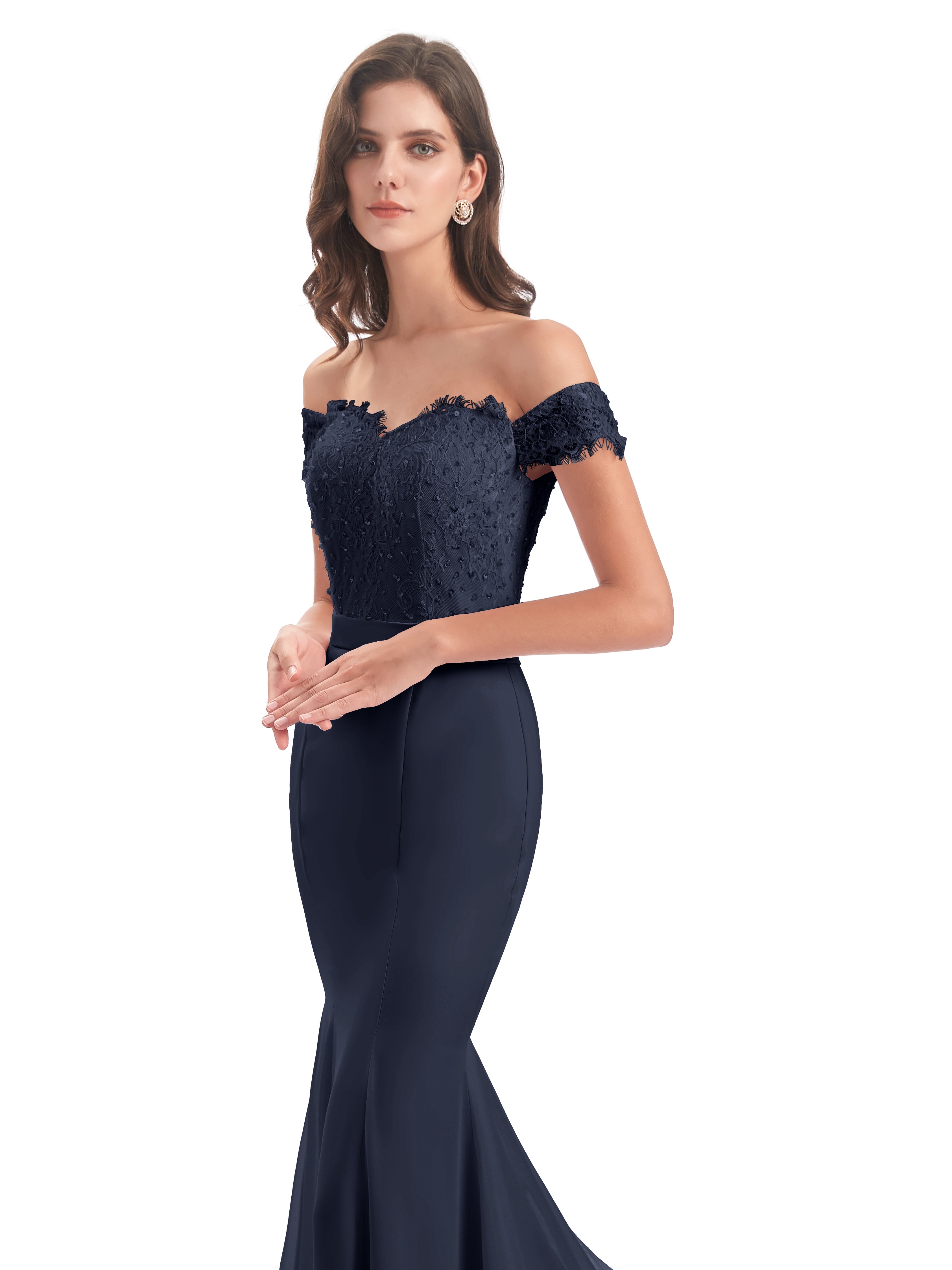 Demoiselle D'Honneur Bleu Marine Carlee Sirène Traîne Tribunal Hors-La-Épaule Robes Demoiselle D'Honneur