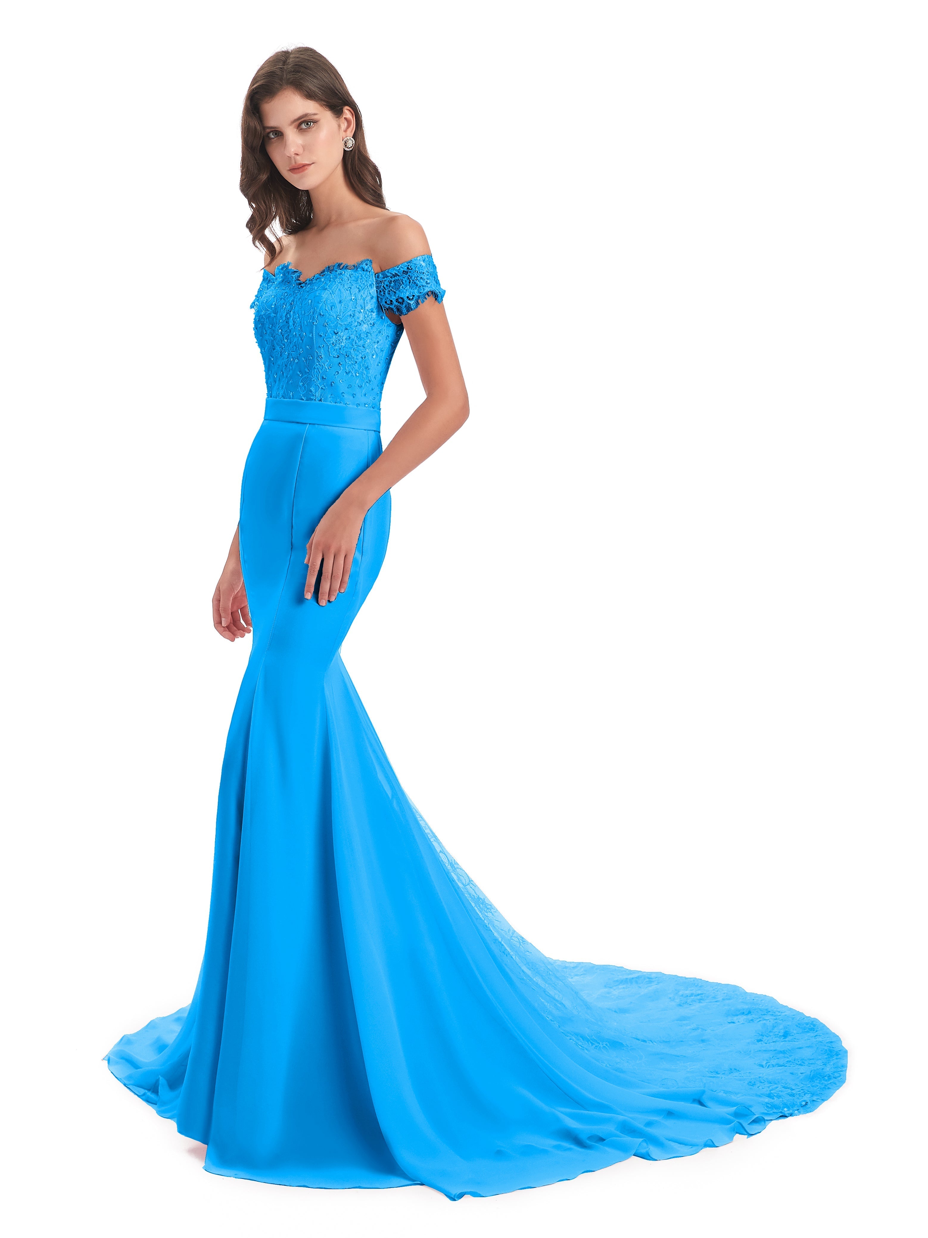 Robes De Demoiselle D'Honneur Bleu Océan Carlee Sirène Traîne Tribunal Hors-La-Épaule Robes Demoiselle D'Honneur