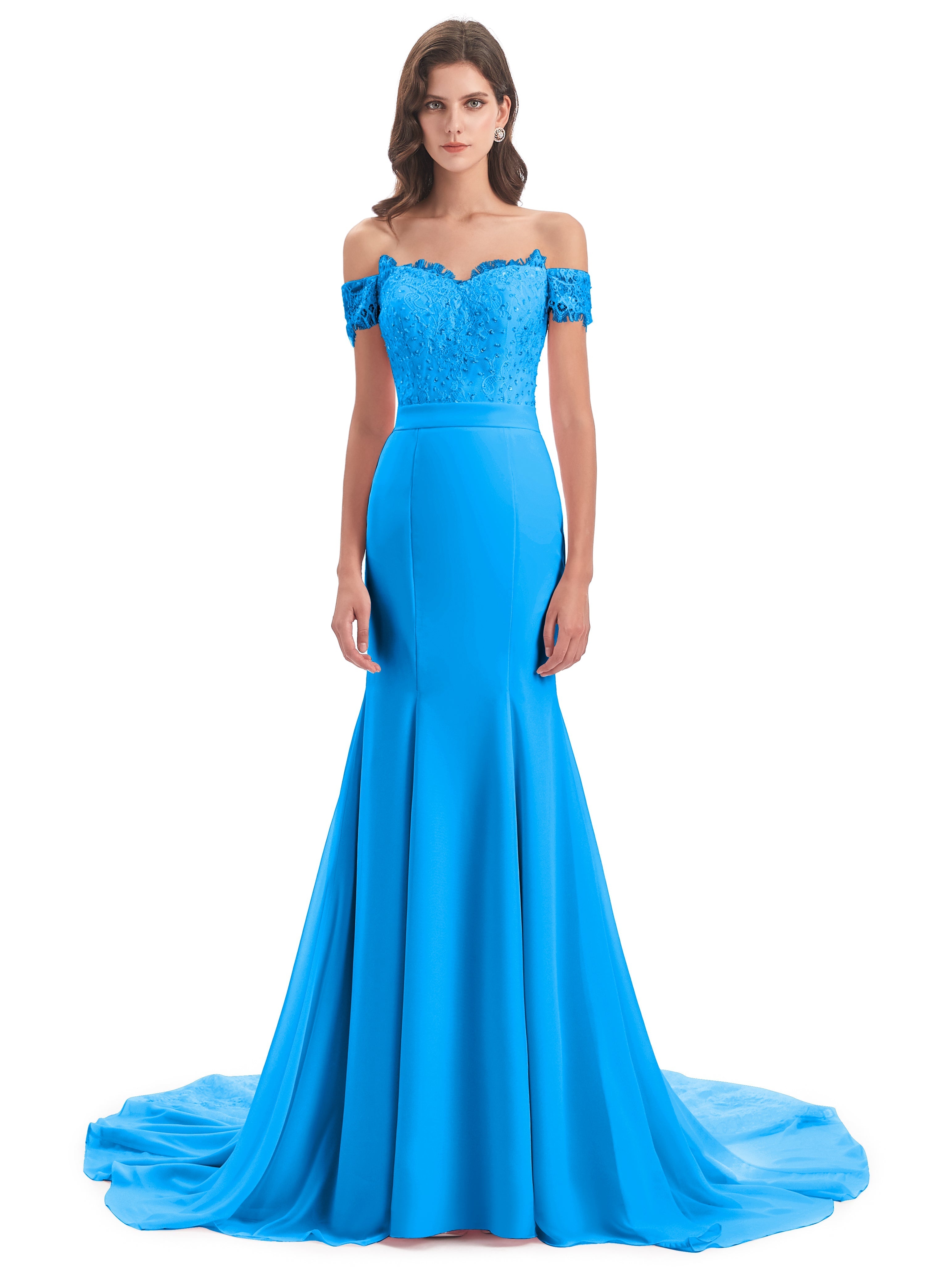 Robes De Demoiselle D'Honneur Bleu Océan Carlee Sirène Traîne Tribunal Hors-La-Épaule Robes Demoiselle D'Honneur