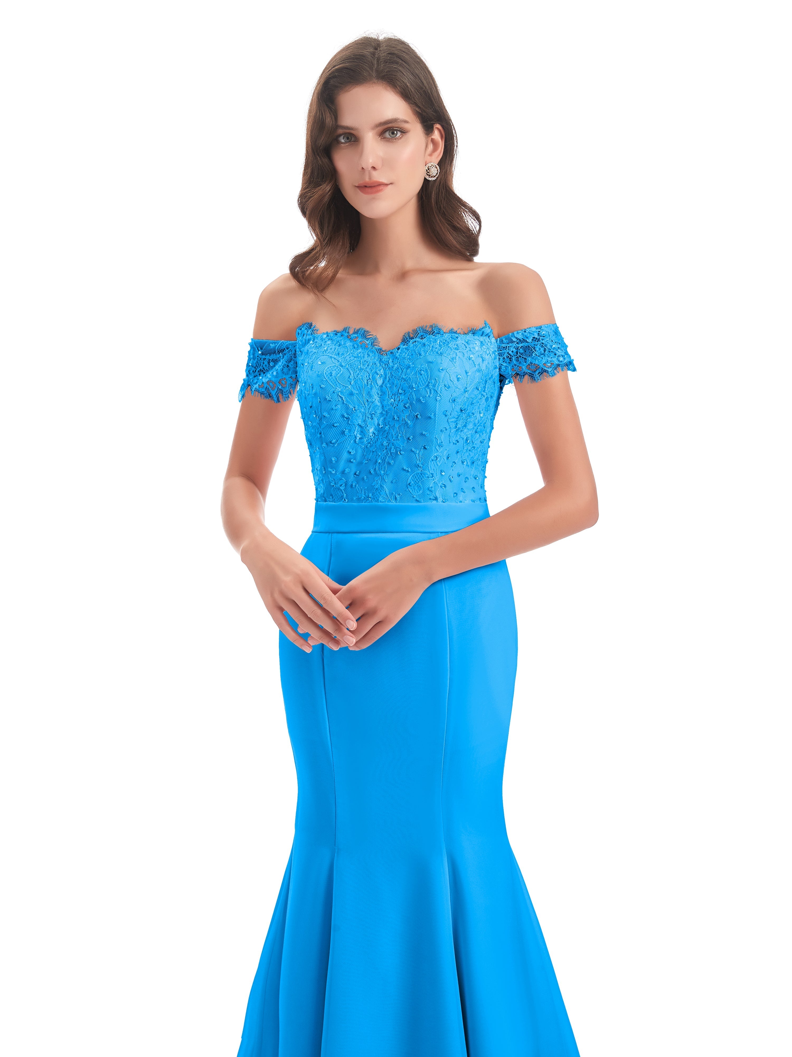 Robes De Demoiselle D'Honneur Bleu Océan Carlee Sirène Traîne Tribunal Hors-La-Épaule Robes Demoiselle D'Honneur