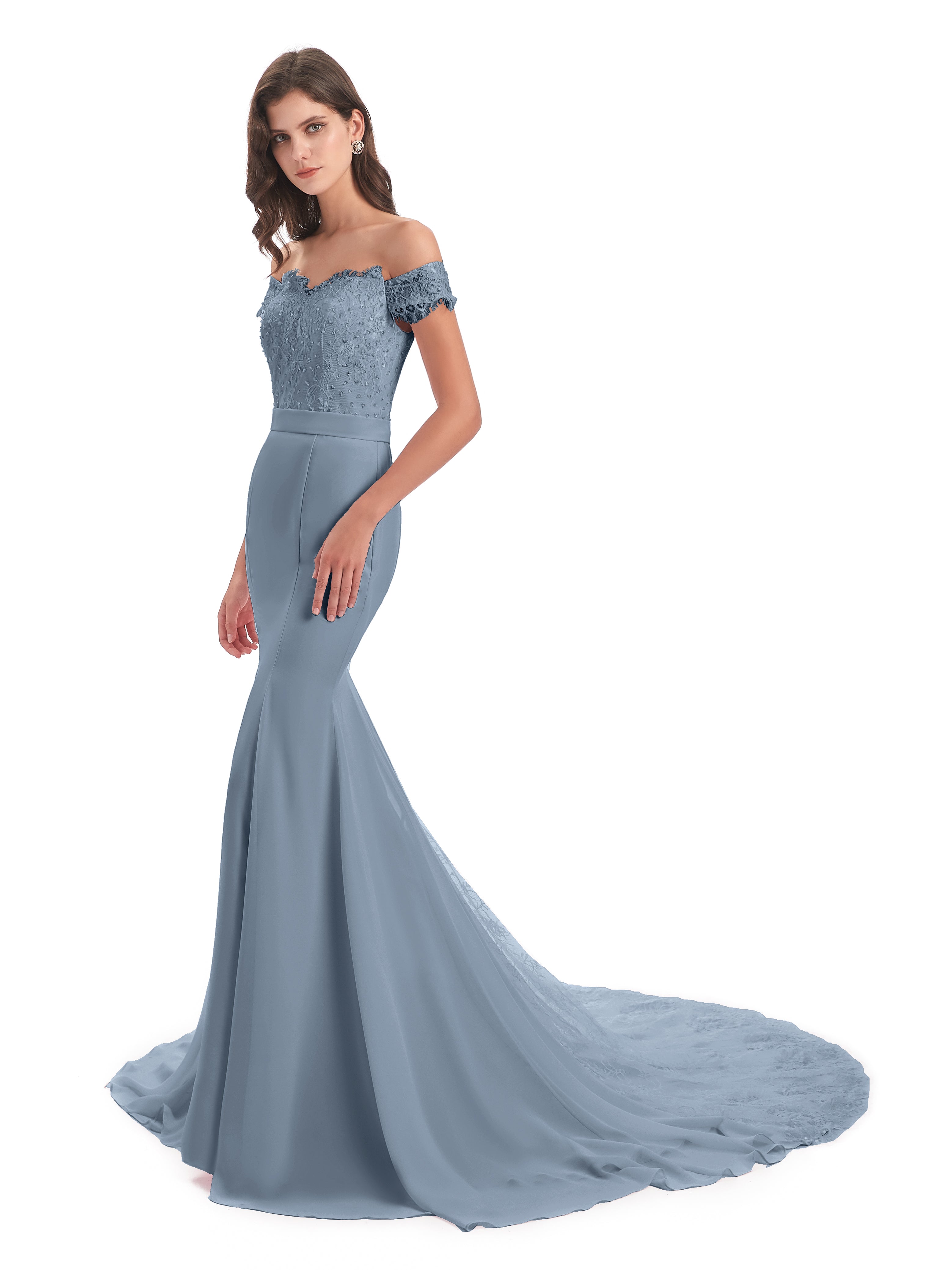 Robes De Demoiselle D'Honneur Bleu Poussiéreux Carlee Sirène Traîne Tribunal Hors-La-Épaule Robes Demoiselle D'Honneur