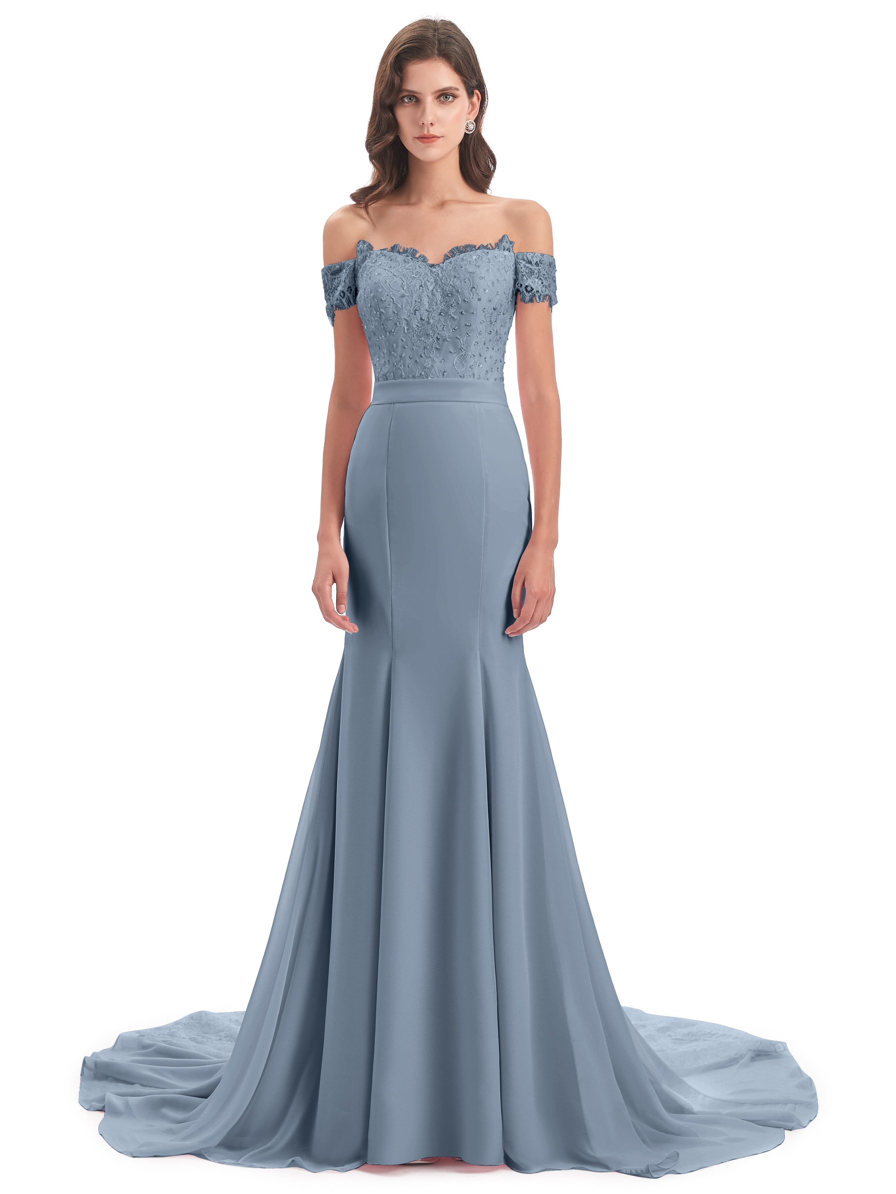 Robes De Demoiselle D'Honneur Bleu Poussiéreux Carlee Sirène Traîne Tribunal Hors-La-Épaule Robes Demoiselle D'Honneur