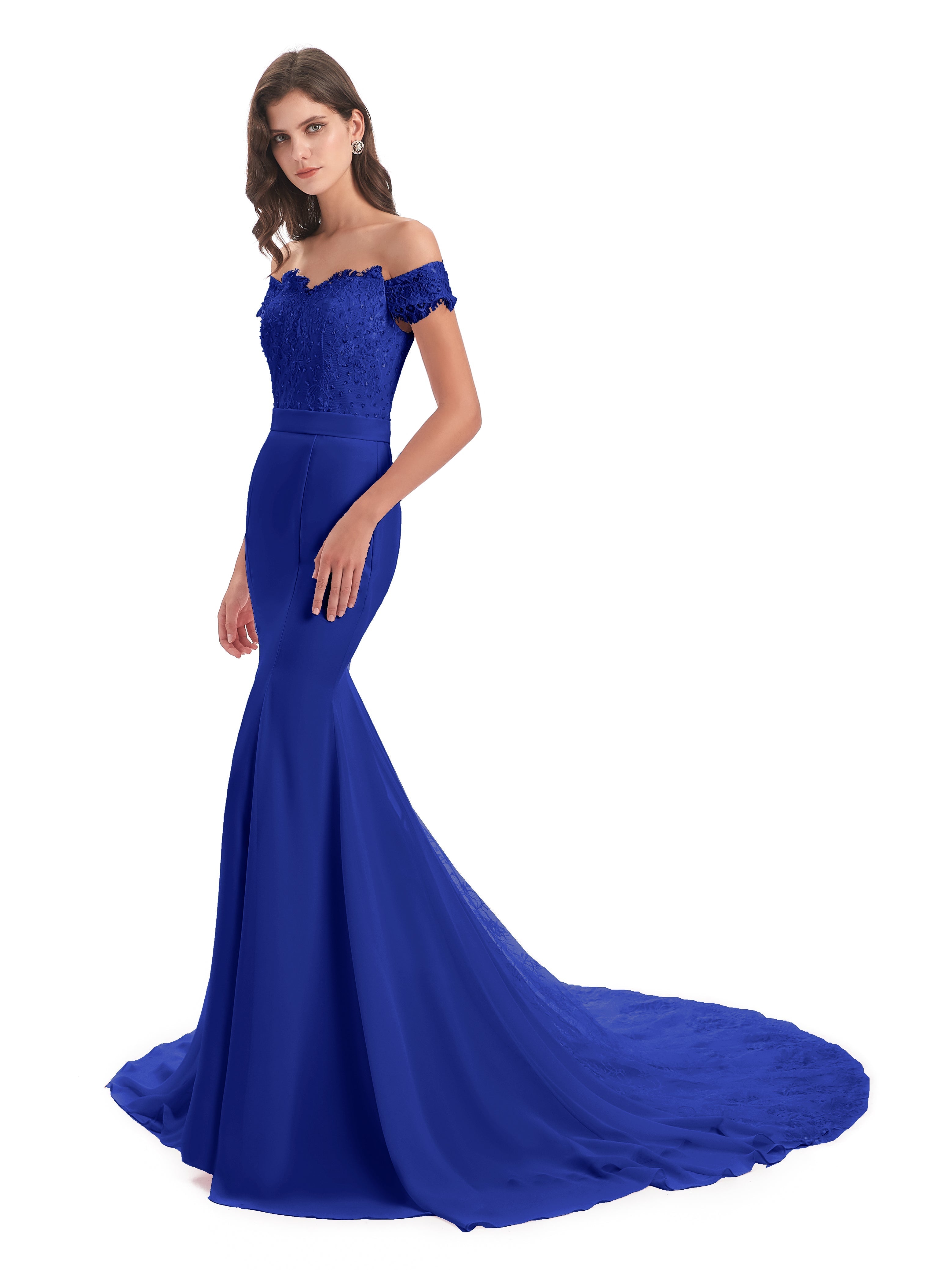 Robe Demoiselle D Honneur Bleu Roi Carlee Sirène Traîne Tribunal Hors-La-Épaule Robes Demoiselle D'Honneur
