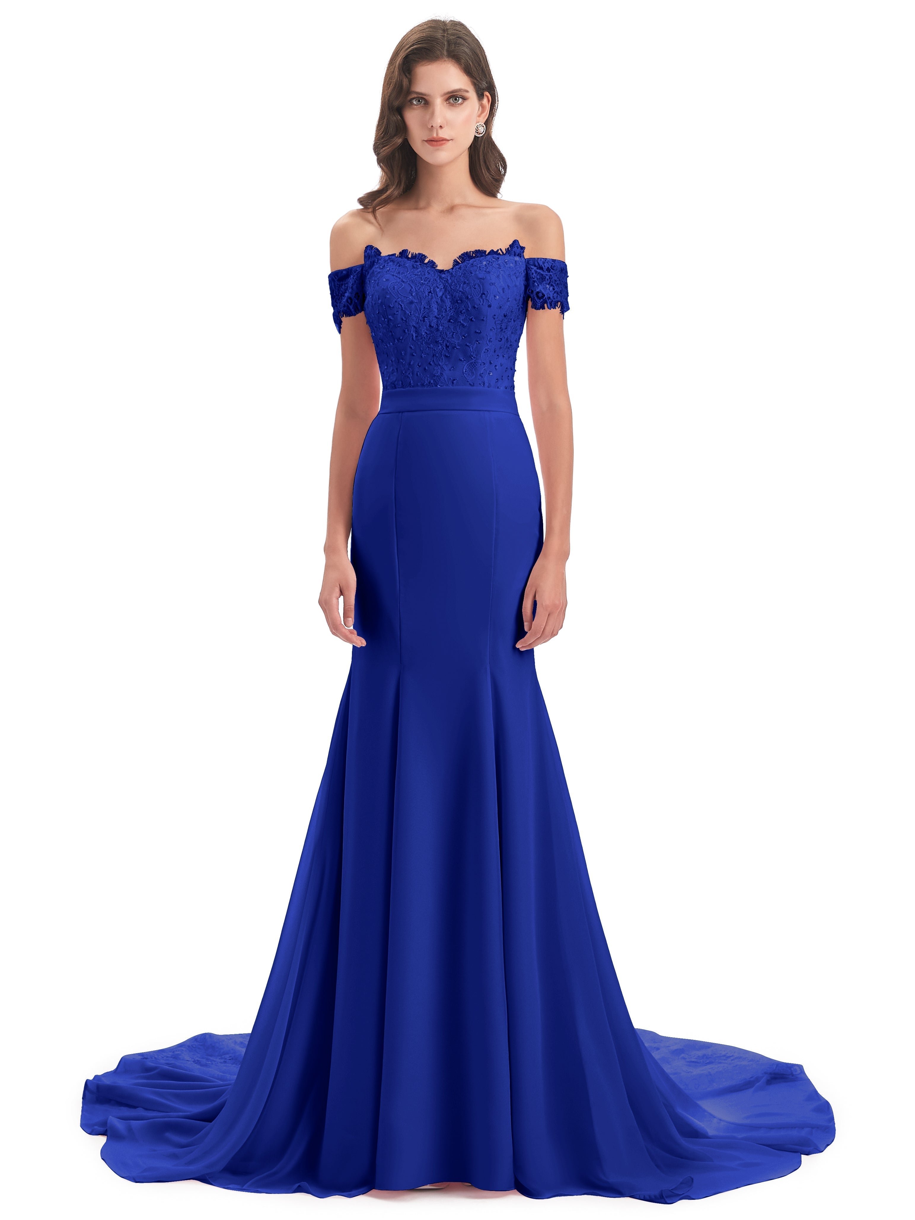 Robe Demoiselle D Honneur Bleu Roi Carlee Sirène Traîne Tribunal Hors-La-Épaule Robes Demoiselle D'Honneur