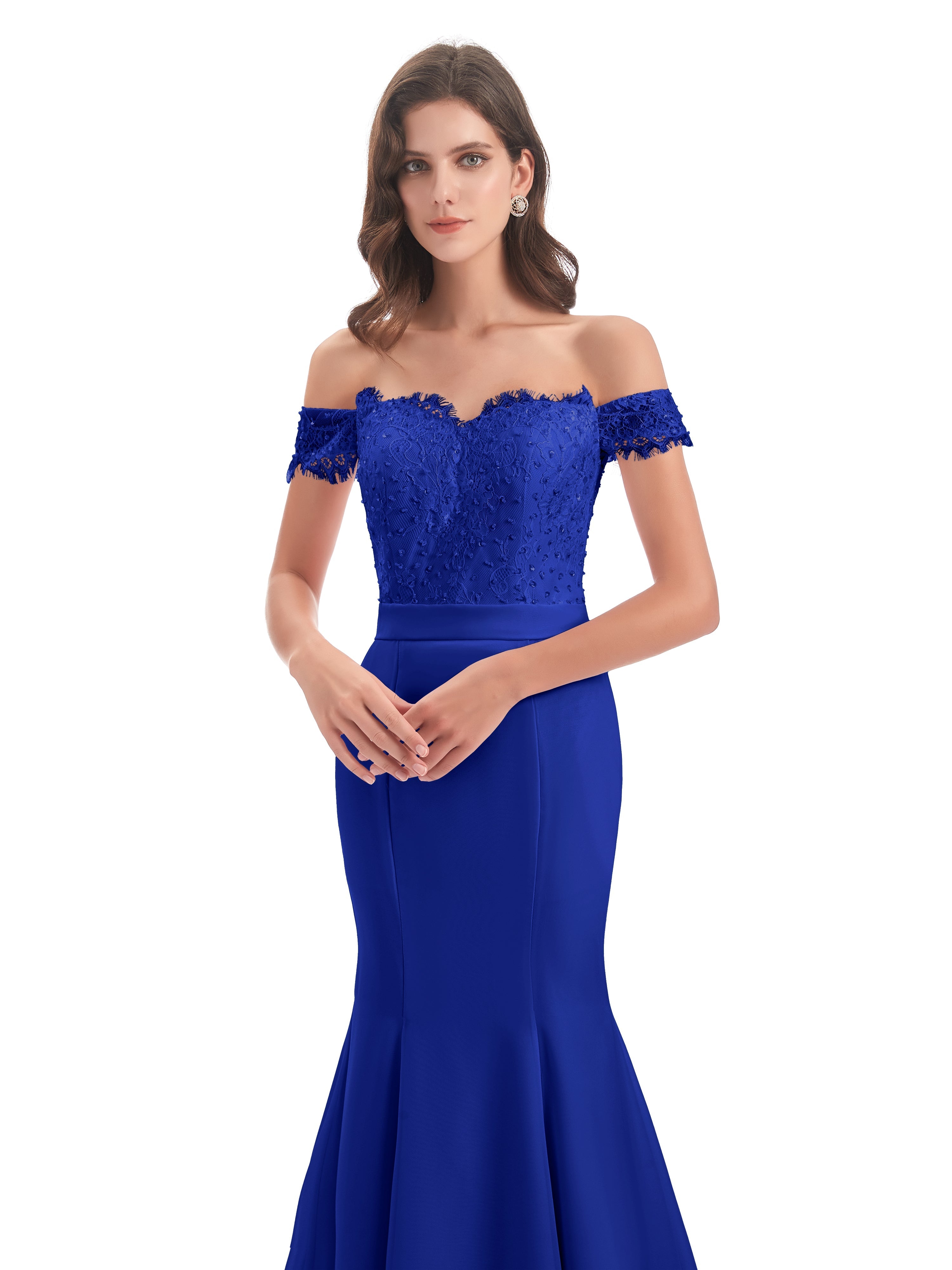 Robe Demoiselle D Honneur Bleu Roi Carlee Sirène Traîne Tribunal Hors-La-Épaule Robes Demoiselle D'Honneur