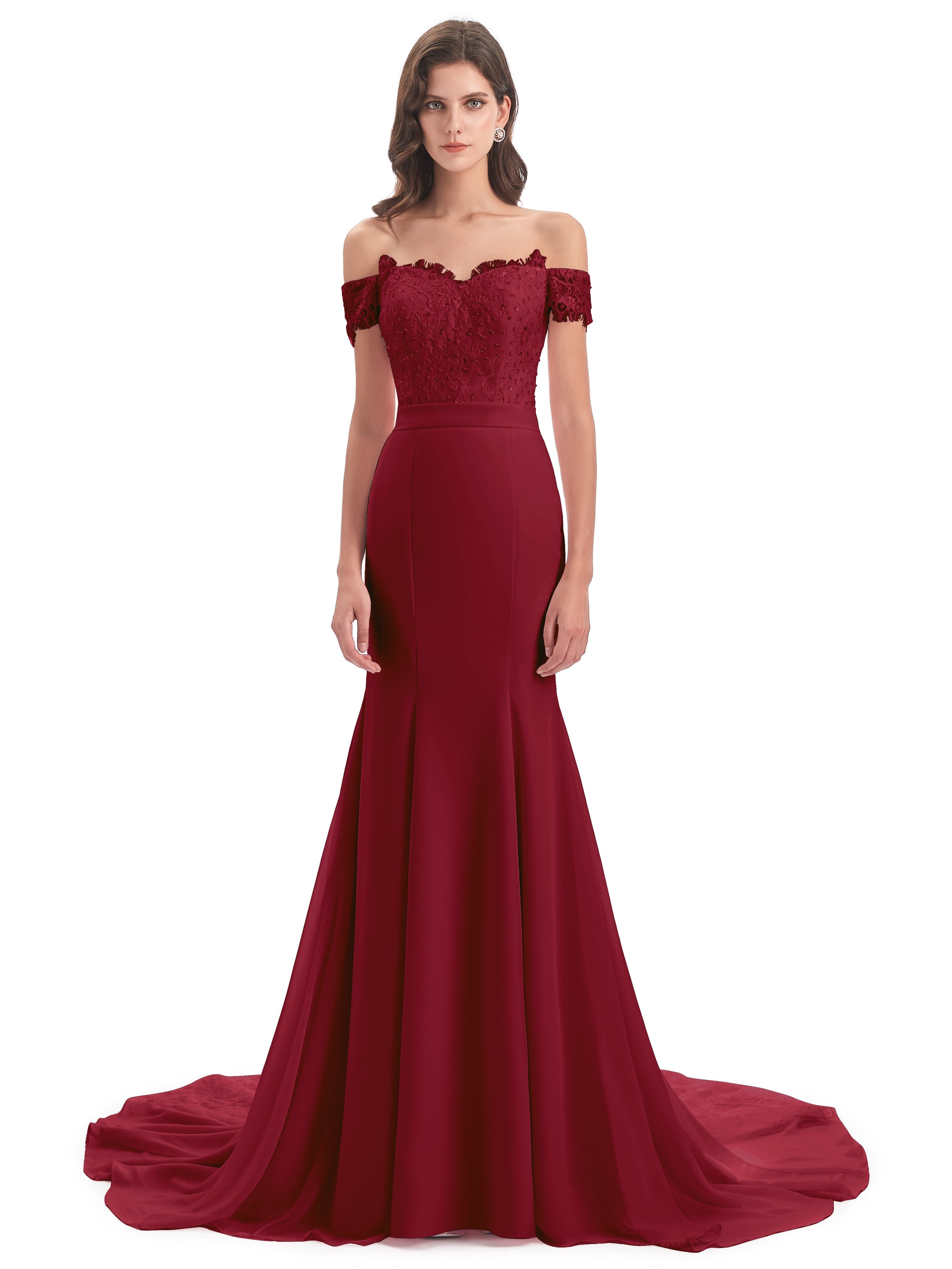 Robes De Demoiselle D'Honneur Rouge Bordeaux Carlee Sirène Traîne Tribunal Hors-La-Épaule Robes Demoiselle D'Honneur
