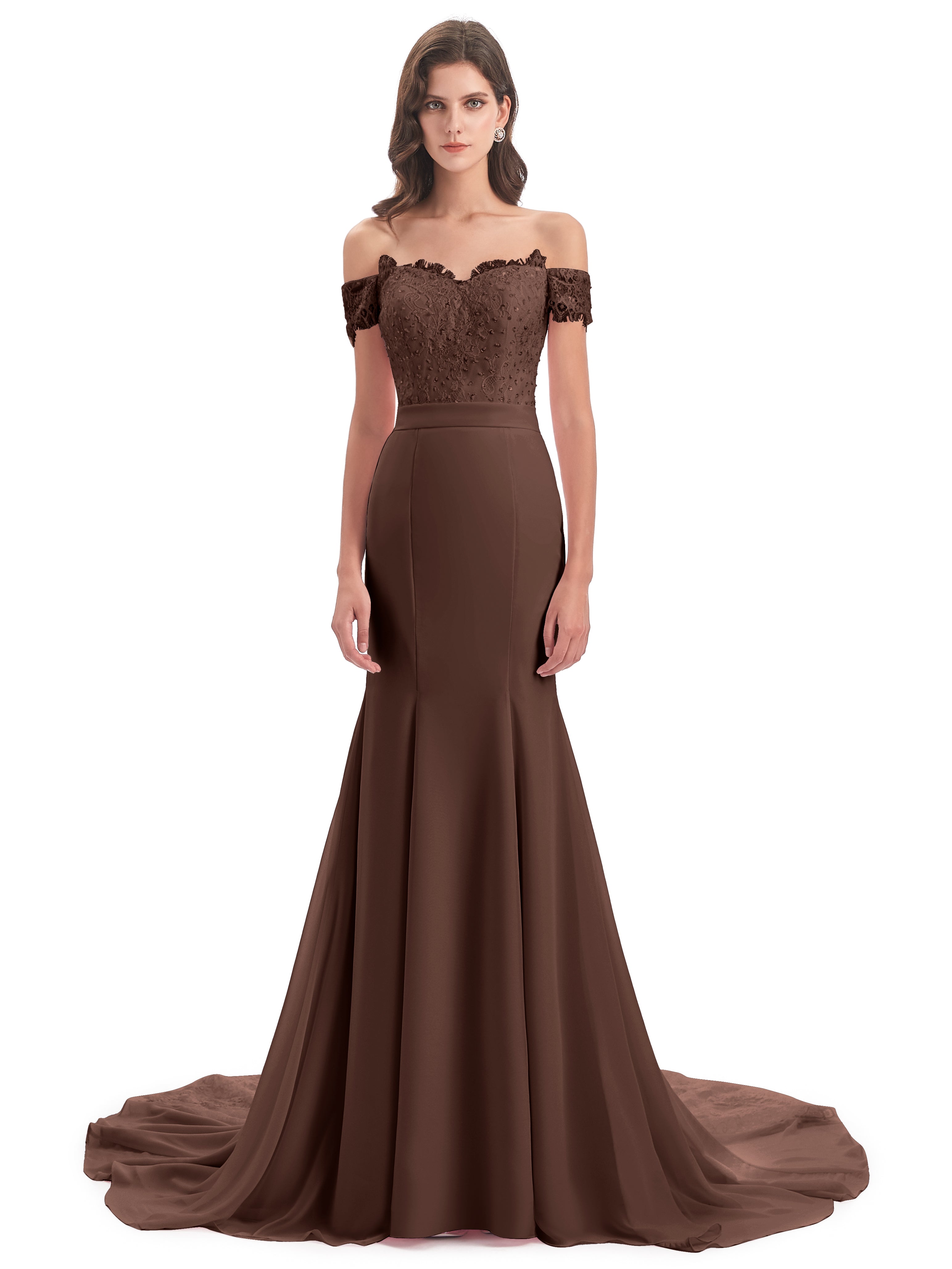 Robe Demoiselle D Honneur Marron Chocolat Carlee Sirène Traîne Tribunal Hors-La-Épaule Robes Demoiselle D'Honneur