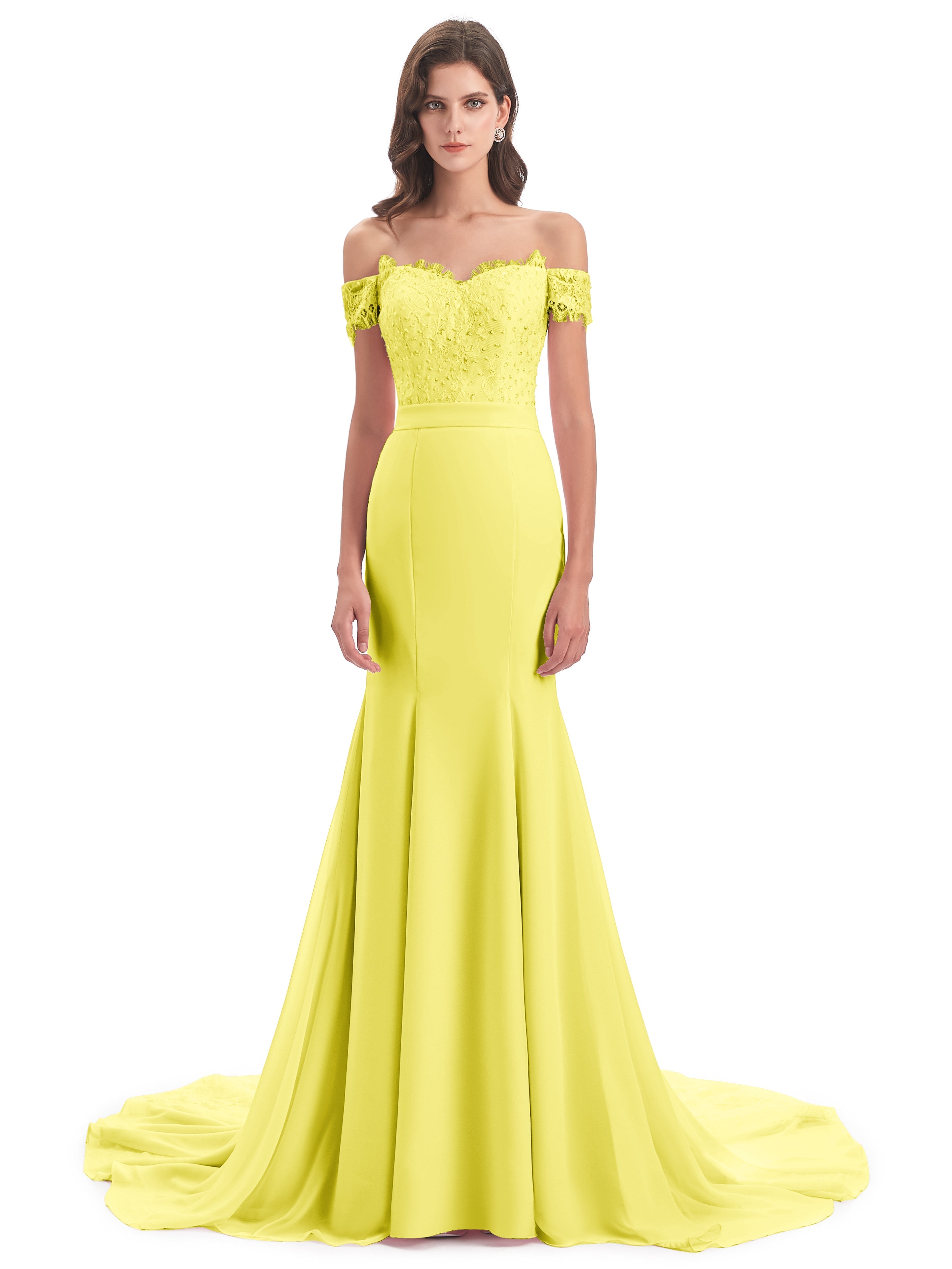Robes De Demoiselle D'Honneur Citron Carlee Sirène Traîne Tribunal Hors-La-Épaule Robes Demoiselle D'Honneur