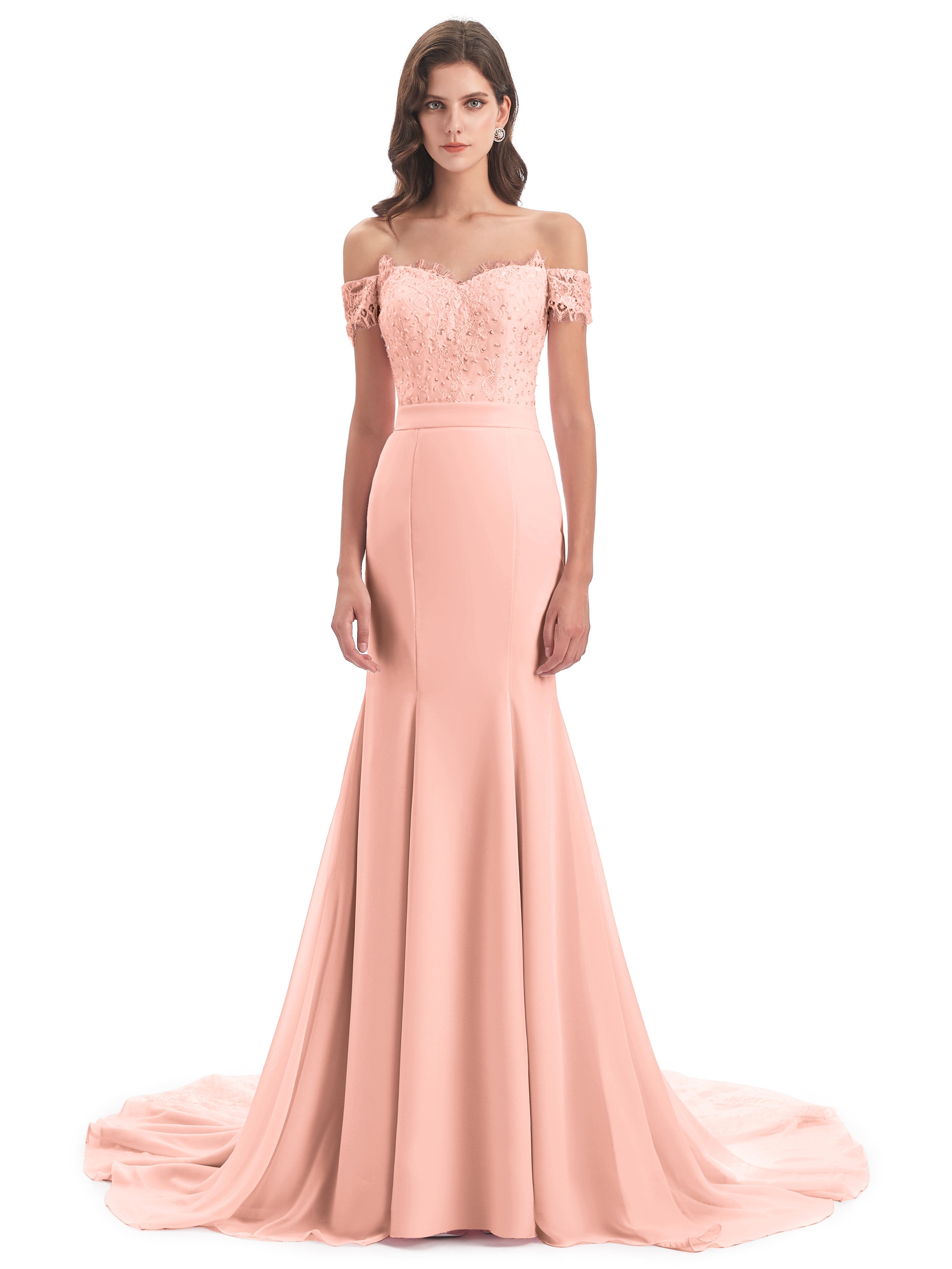 Robes De Demoiselle D'Honneur Corail Carlee Sirène Traîne Tribunal Hors-La-Épaule Robes Demoiselle D'Honneur