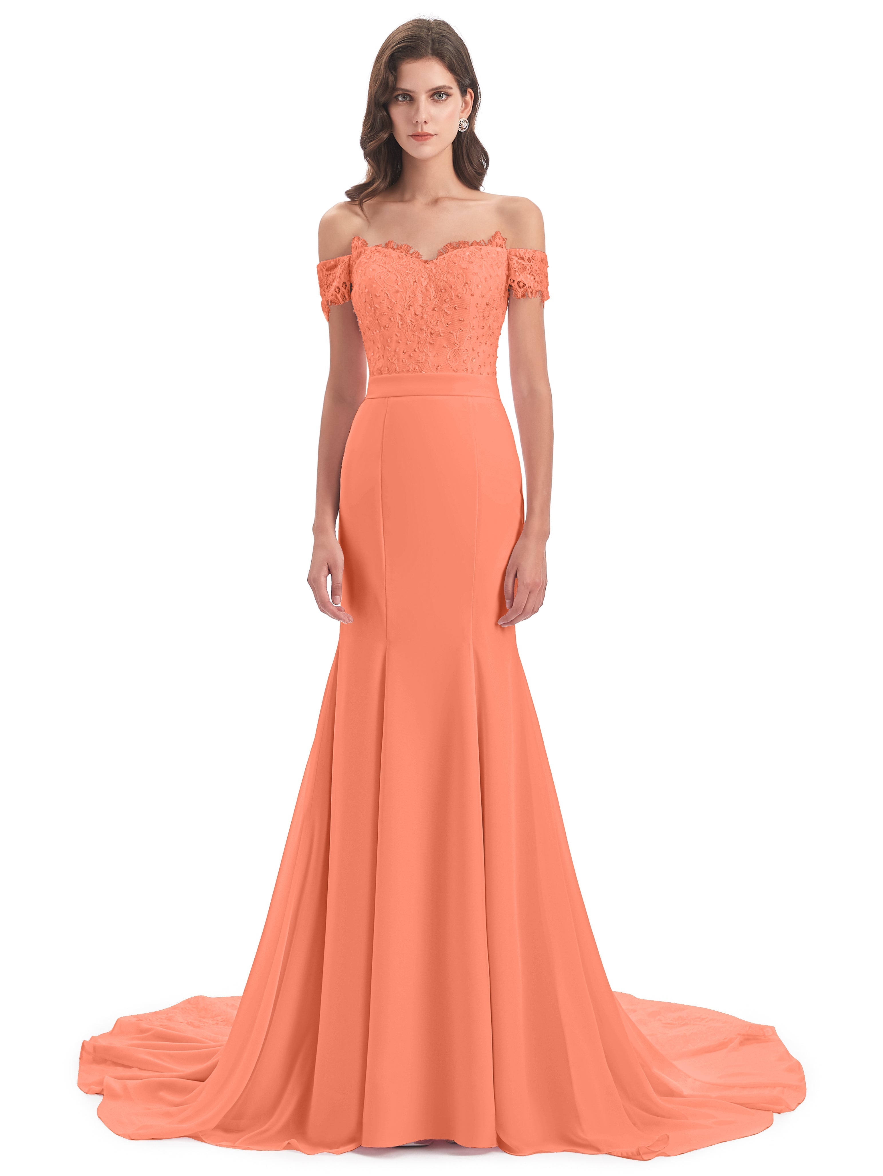 Robes De Demoiselle D'Honneur Coucher De Soleil Carlee Sirène Traîne Tribunal Hors-La-Épaule Robes Demoiselle D'Honneur