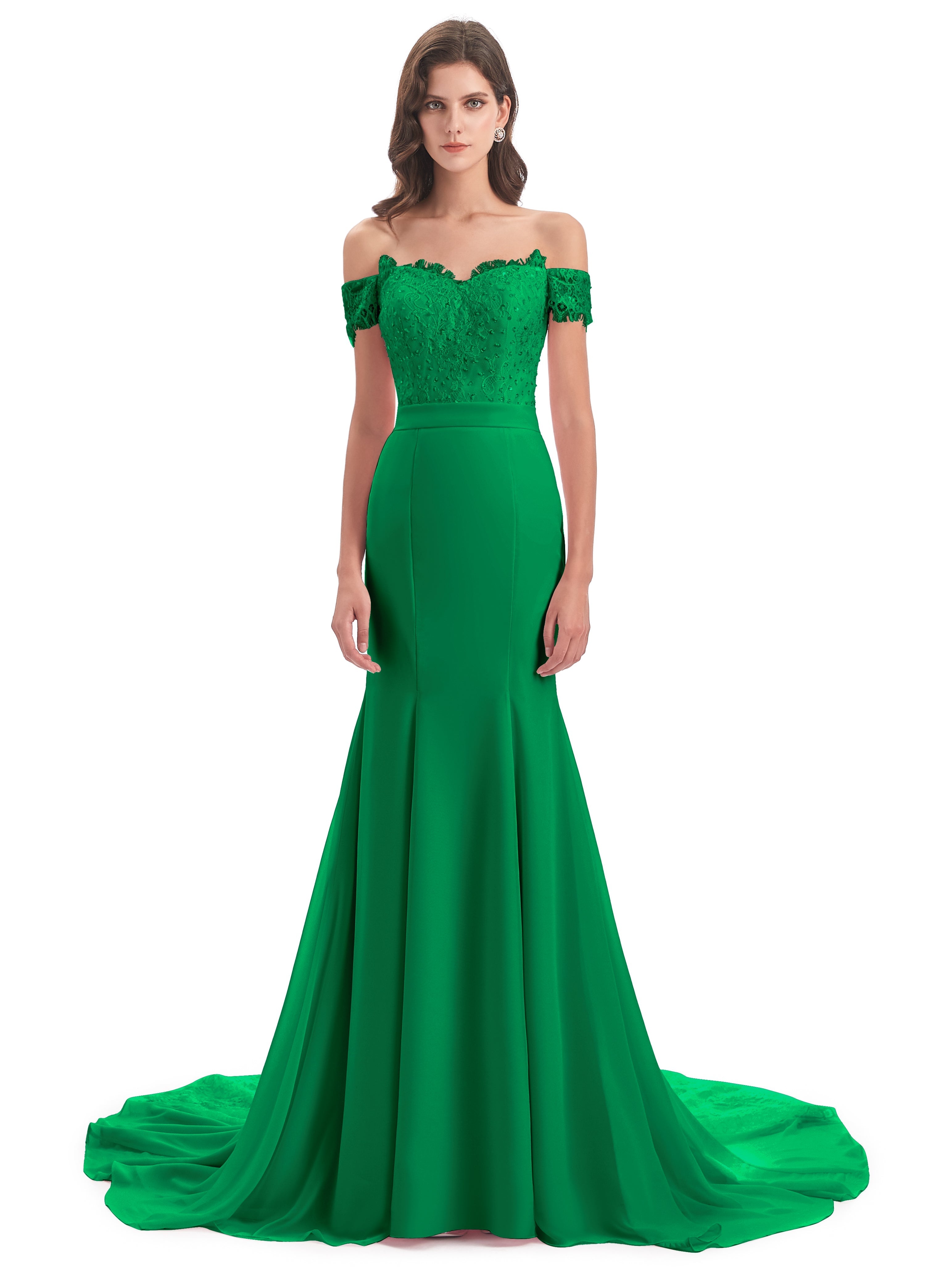 Robes De Demoiselle D'Honneur Vert Émeraude Carlee Sirène Traîne Tribunal Hors-La-Épaule Robes Demoiselle D'Honneur